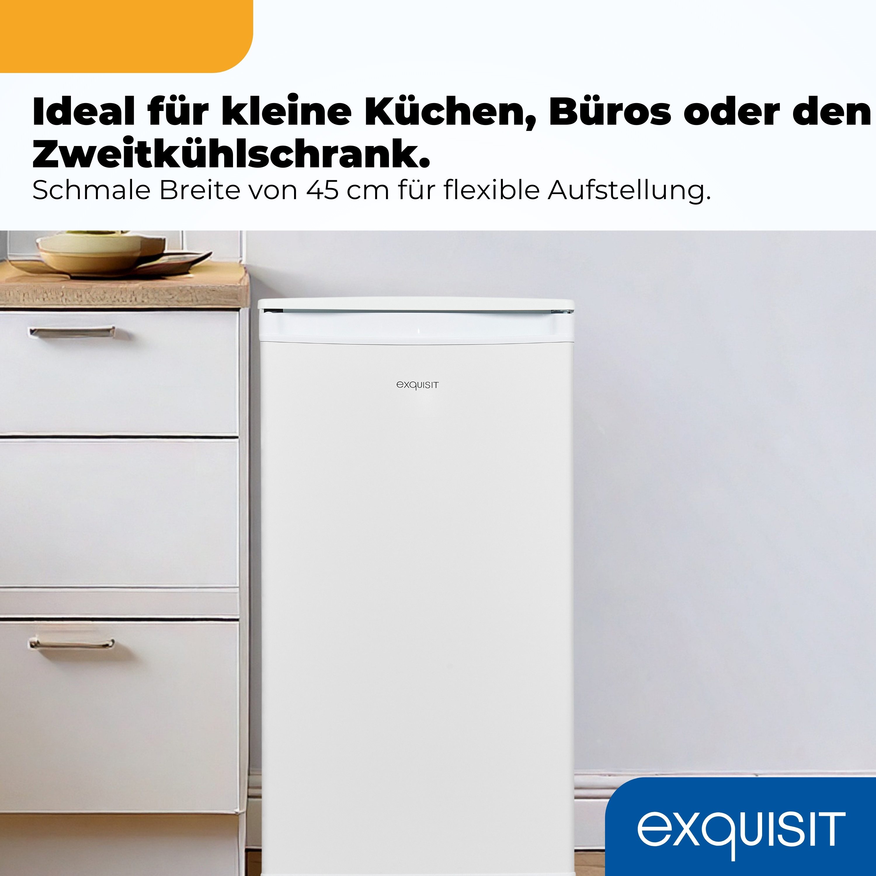 exquisit Vollraumkühlschrank KS585-V-091E, 84.3 cm hoch, 45 cm breit, 75 l Nutzinhalt, LED Beleuchtung, 41 dB Geräuschklasse C