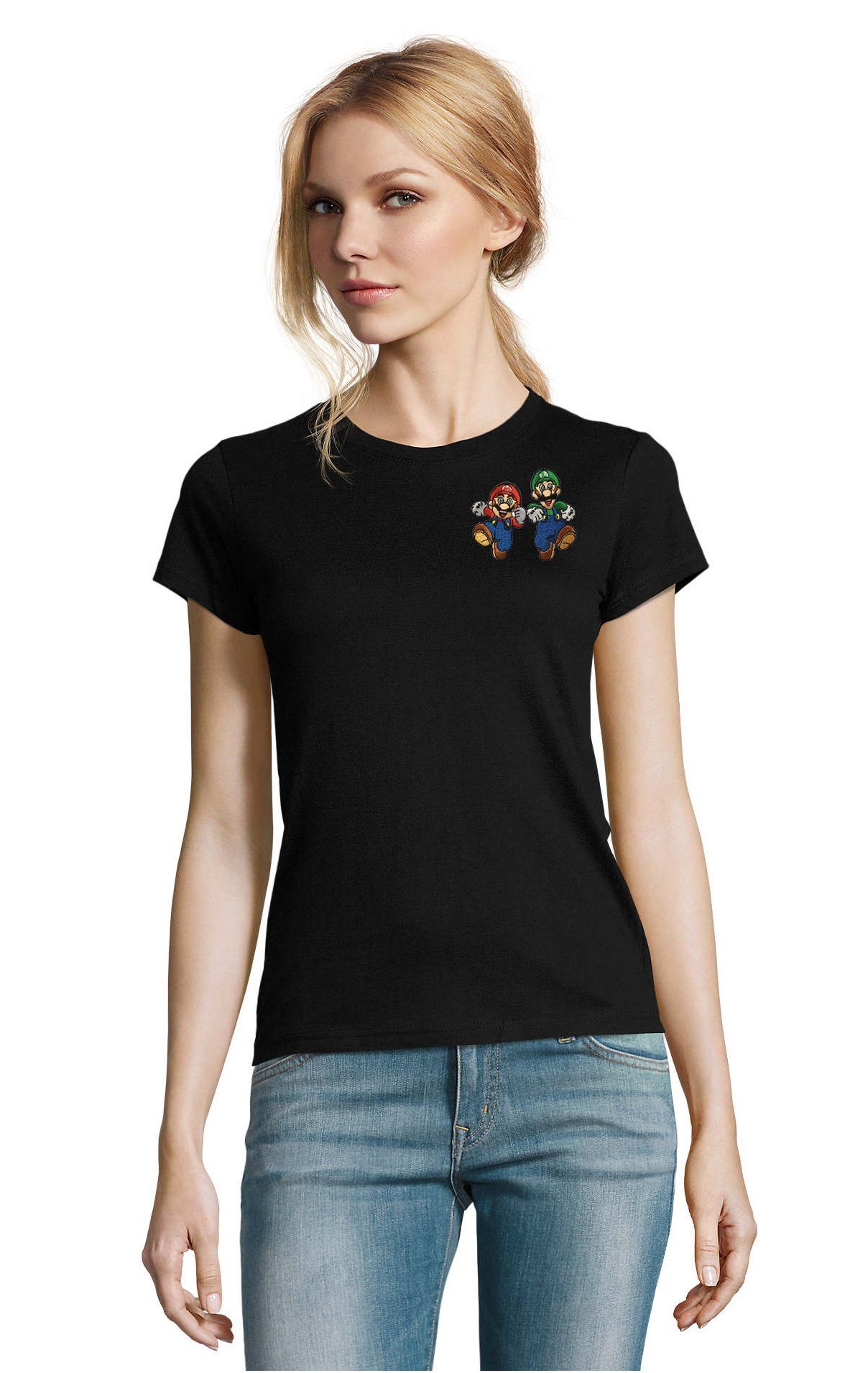 Luigi Bowser Gaming & Mario Brownie Stick Schwarz T-Shirt Damen & bestickt Nintendo Blondie Yoshi Brust