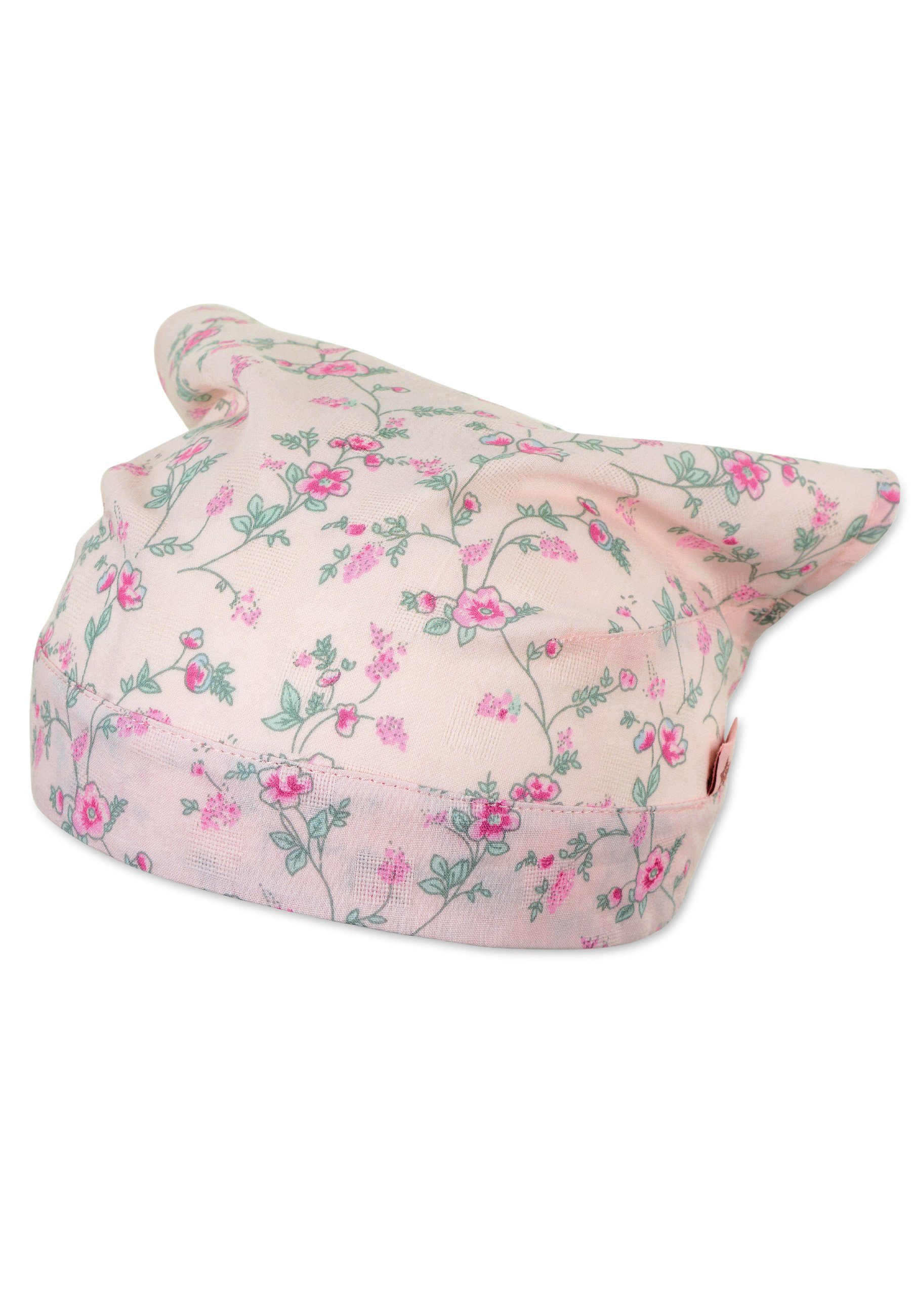 Kinder (Einzel-Kopftuch, Baby Sterntaler® rosé mit Bindeband), Blumen, für bedruckt 1-St. angeschnittene Schirm, Beanie Kopftuch und aus Ohrenklappen Baumwolle Kopftuch Kopftuch