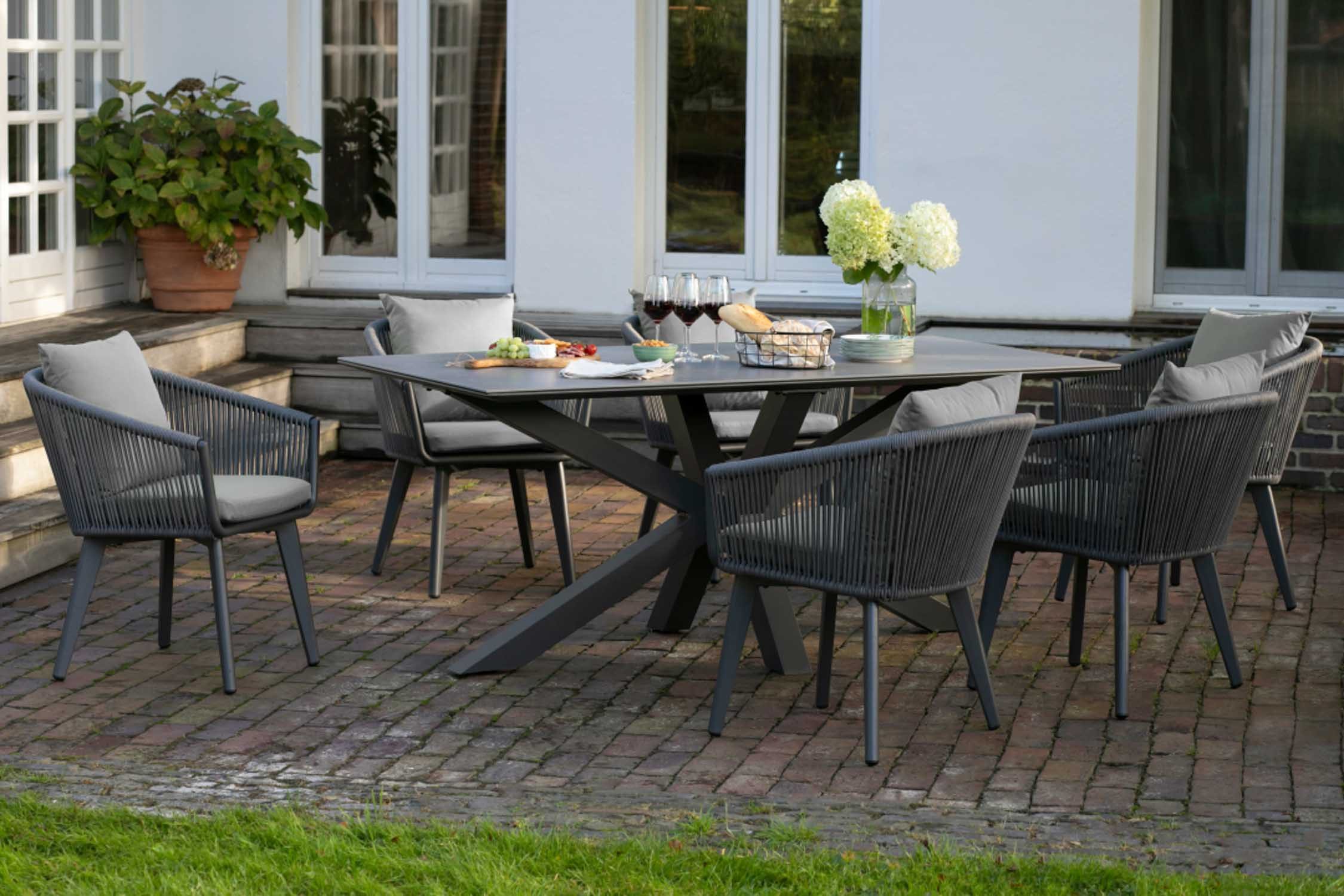 MR.DEKO Gartenlounge-Set Diningsessel Cadiz mit Tisch Almeria 200 x 90 cm