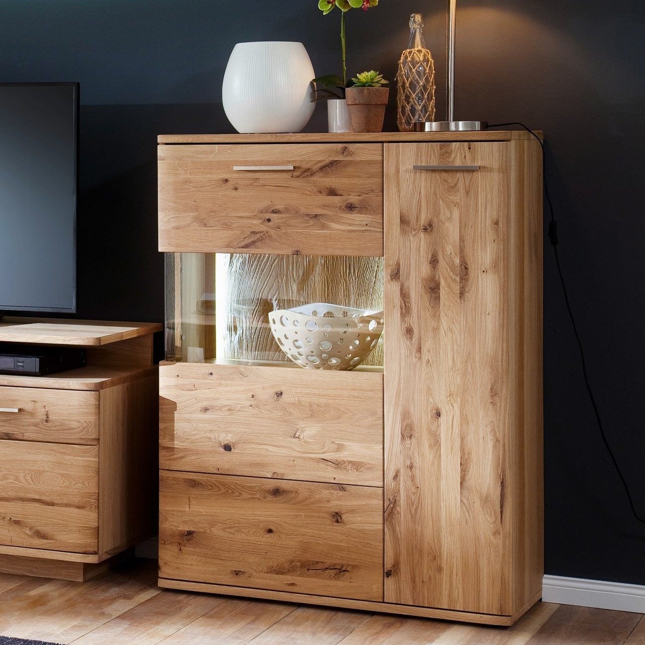 Empinio24 Highboard Santa Fe, Breite 90 cm, Eiche teilmassiv bianco, mit 2 Türen