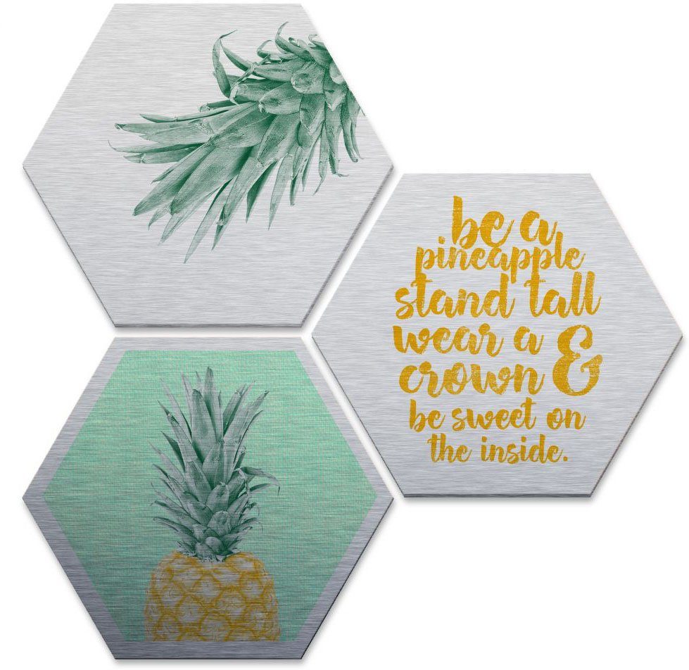 St) Spruch, Mehrteilige (Set, Wall-Art Silbereffekt 3 Bilder Ananas
