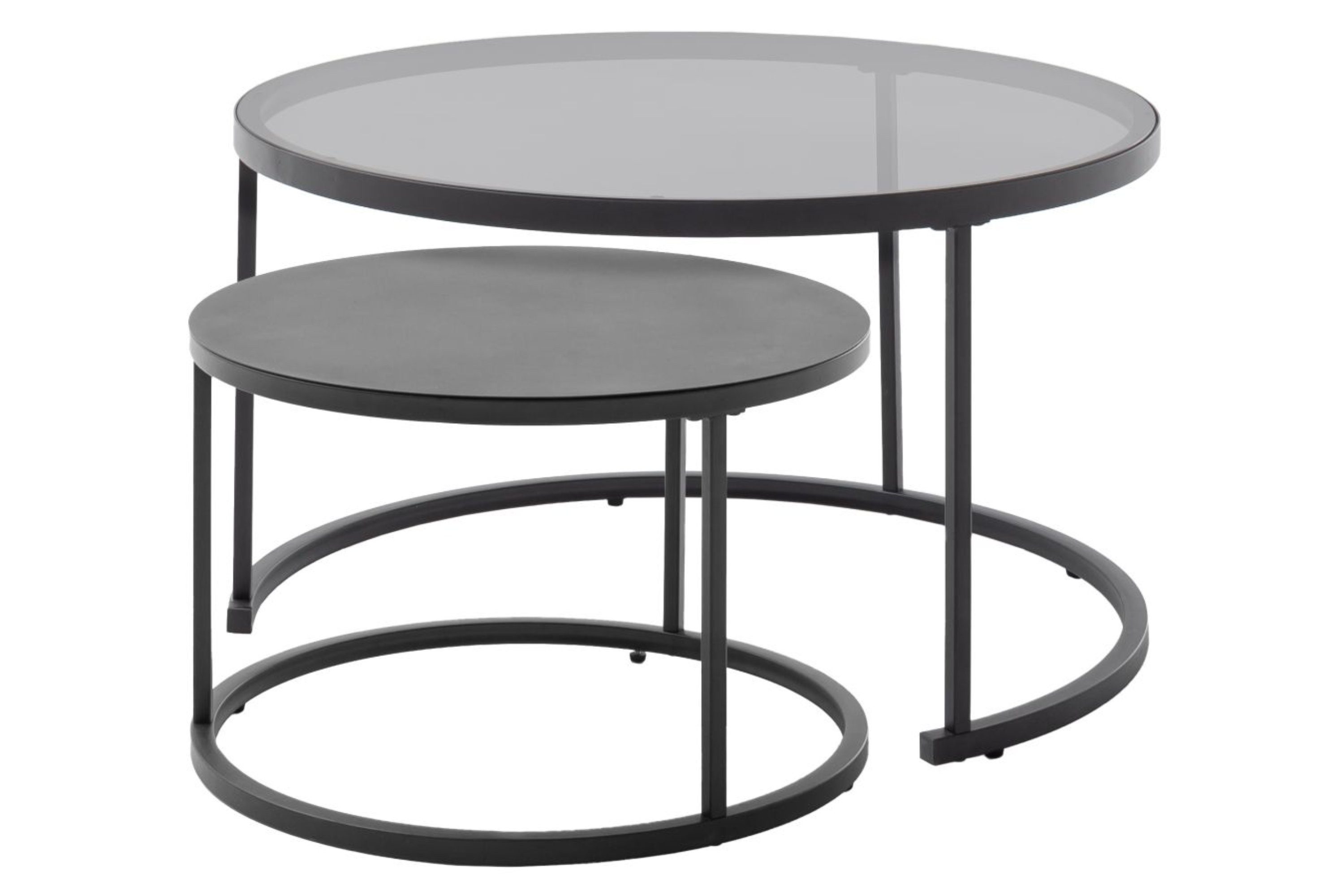 Robas Lund Couchtisch, Rundes Couchtisch?Set aus Sicherheitsglas grau, Gestell schwarz matt