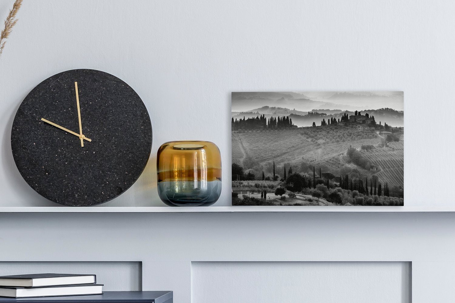 Nebel Wanddeko, 30x20 Italien Wandbild Gimignano San -, St), (1 Aufhängefertig, Leinwandbilder, über OneMillionCanvasses® dem cm bei Sonnenaufgang ummauerten Leinwandbild in