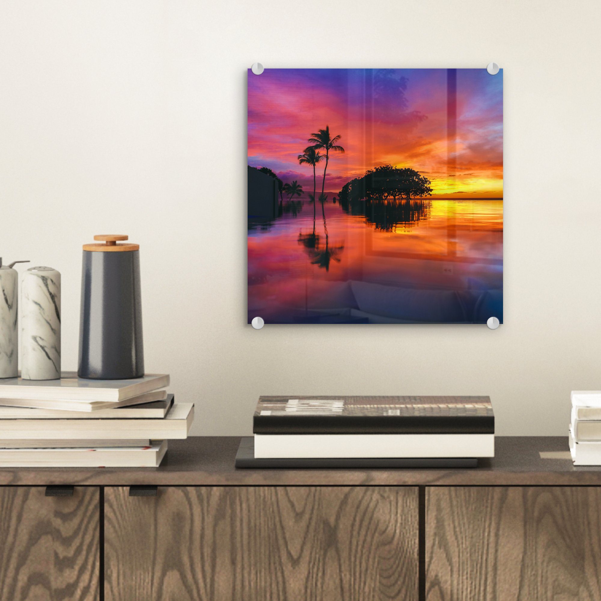 Foto Wanddekoration in Glas USA am Bilder St), Glasbilder - auf auf Acrylglasbild farbenprächtiger Ein MuchoWow Sonnenuntergang Wandbild Beach Wailea (1 Glas - den - auf,
