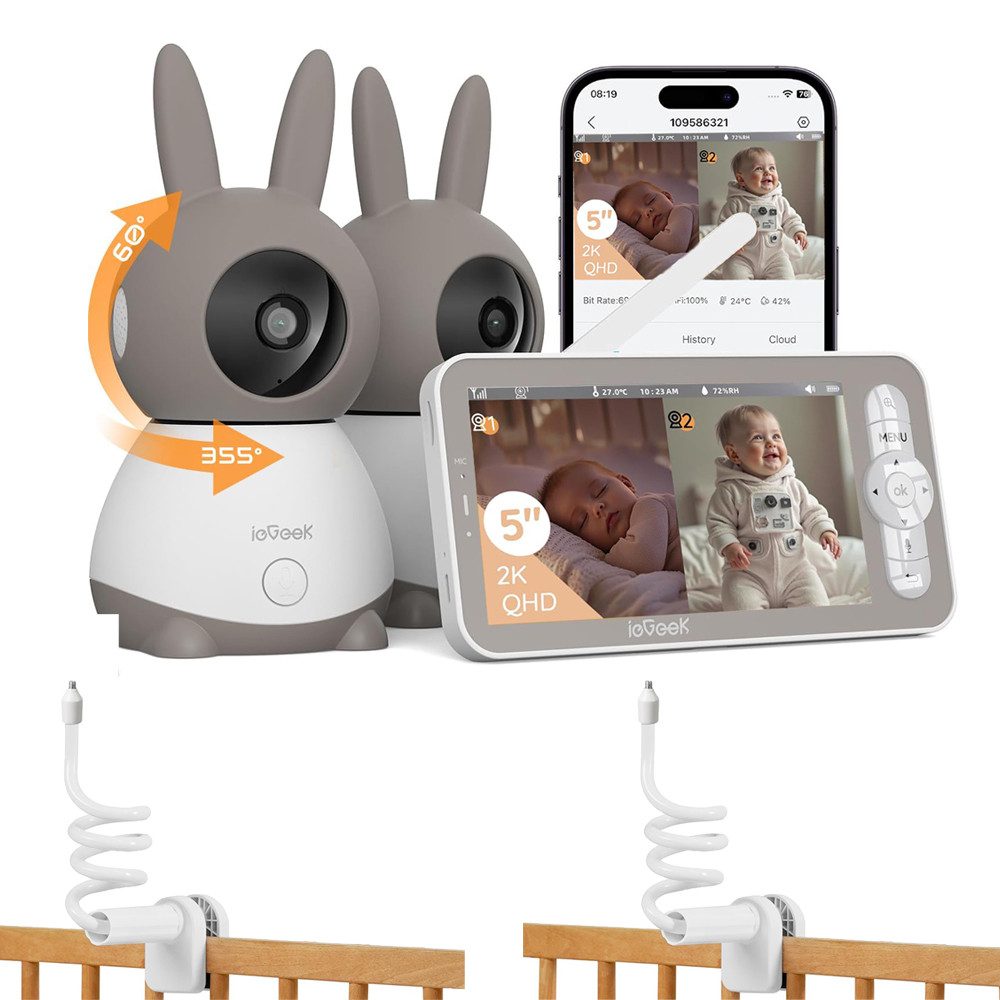 TWUFY Babyphone Split-Screen Babyphone mit 2 Kameras 5" HD Video Babyphone PTZ, Babyphone mit 2 Kameras und Audio, Weinen/Bewegungs/Geräuscherkennung, Bewegungsverfolgung, IR Nachtsicht, 360° Kamera,Temp&Feuchteerfassung