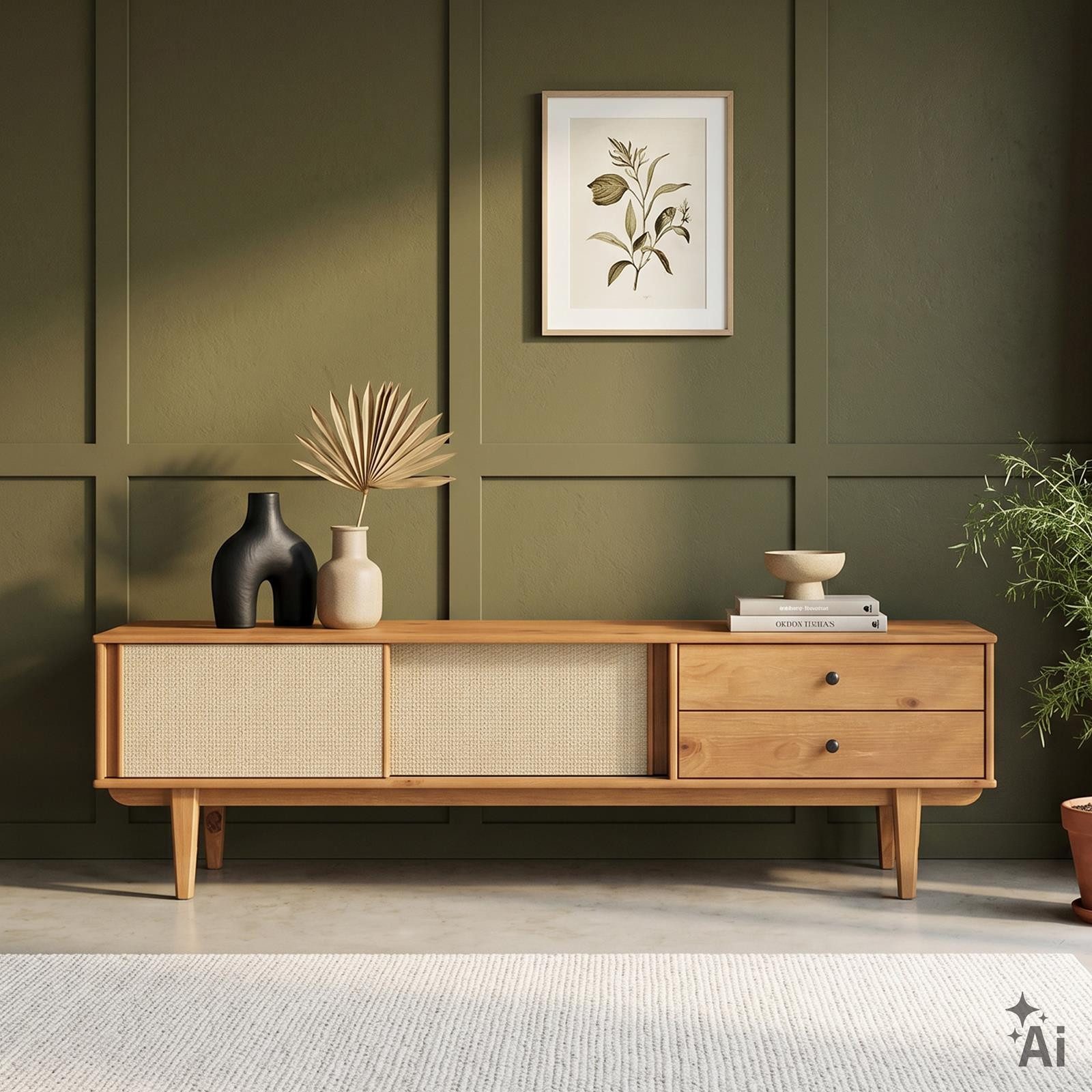 IDIMEX Lowboard SIMONA, TV Schrank 175 cm Massivholz Rattan Schiebetür Eiche Finish