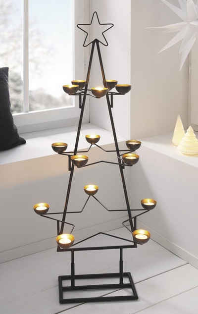Dekoleidenschaft Teelichthalter "Tanne" aus Metall, matt schwarz / gold, 102 cm hoch, Weihnachtsdeko, groß, XXL Kerzenhalter für 15 Teelichter, Weihnachtspyramide