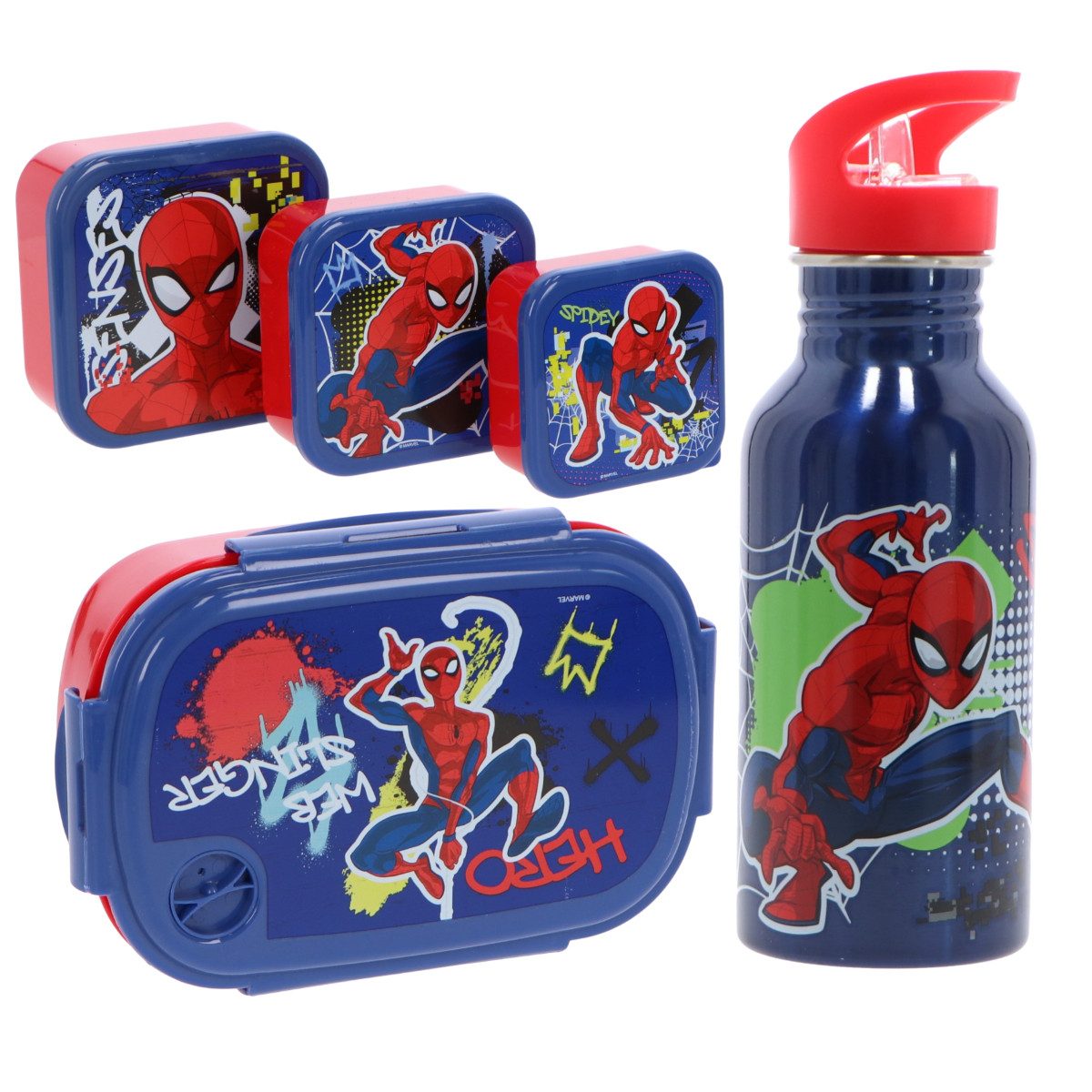 Textiel Trade B.V. Lunchbox Spiderman Kinder Lunchset – 5-teilig Brotdose Trinkflasche Besteck, Plastik