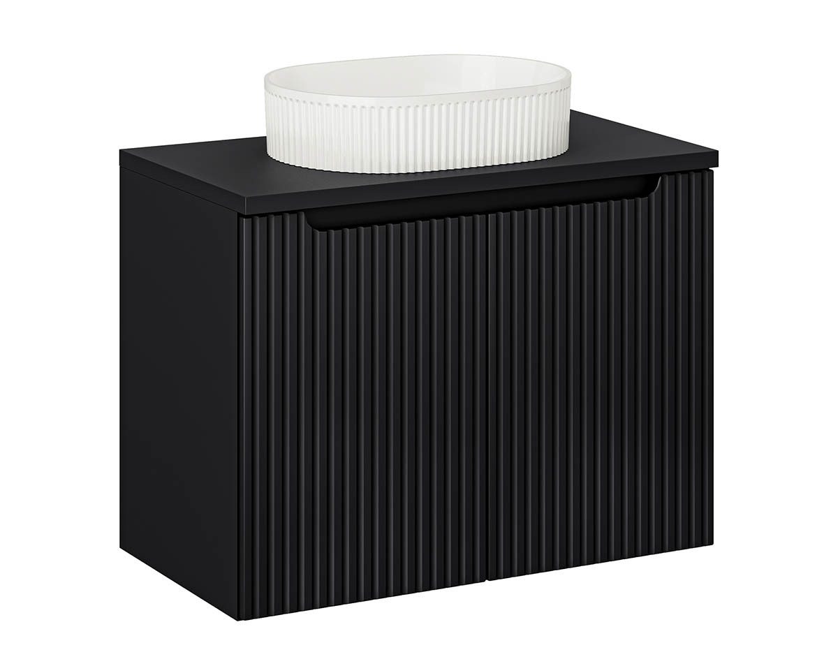 einfachgutemoebel Waschtisch-Set Bad Waschplatz ILUNA Black 80cm mit Türen, Becken Riffel, schwarz, (Badmöbel Set, 1-St., Waschtisch Unterschrank)