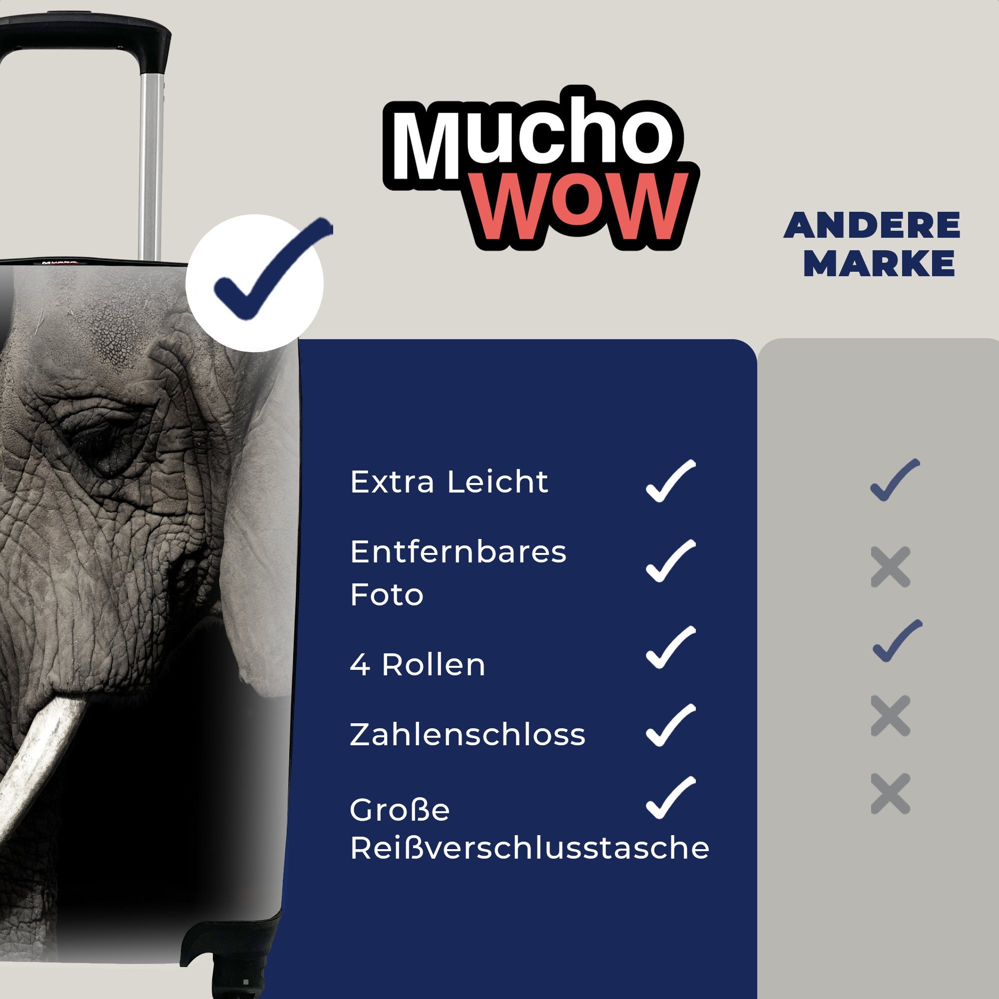 Rollen, Reisetasche - Handgepäckkoffer Handgepäck mit Tier Elefant 4 Ferien, Reisekoffer für - rollen, Stoßzahn, Trolley, MuchoWow