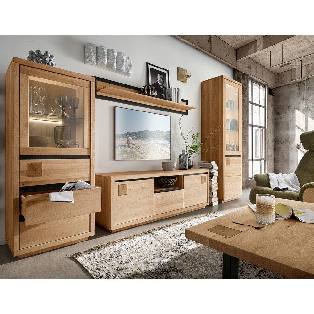 Lomadox Wohnzimmer-Set WINCHESTER-69, (Mega-Spar-Set, 5-St., Highboard Couchtisch Vitrine Wandboard Lowboard), Wohnzimmermöbel Hochkommode Tisch Eiche massiv Hirnholz-Detail