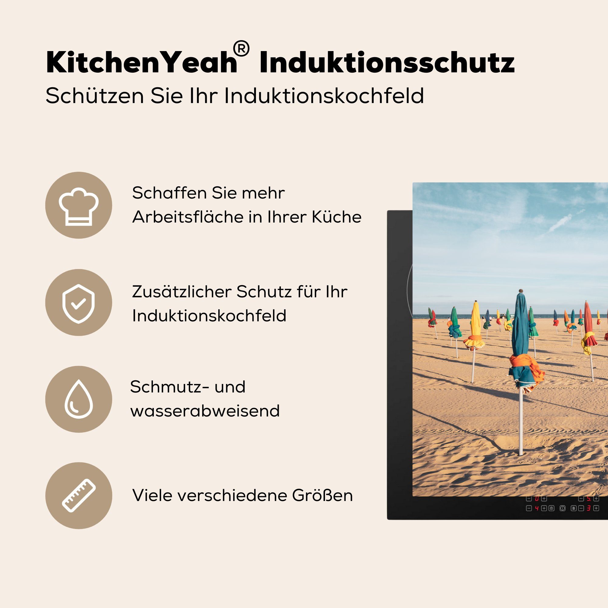 cm, Schutz 81x52 (1 Vinyl, tlg), für Französisch MuchoWow Sonnenschirm, die Herdblende-/Abdeckplatte - küche, Induktionskochfeld Ceranfeldabdeckung - Strand