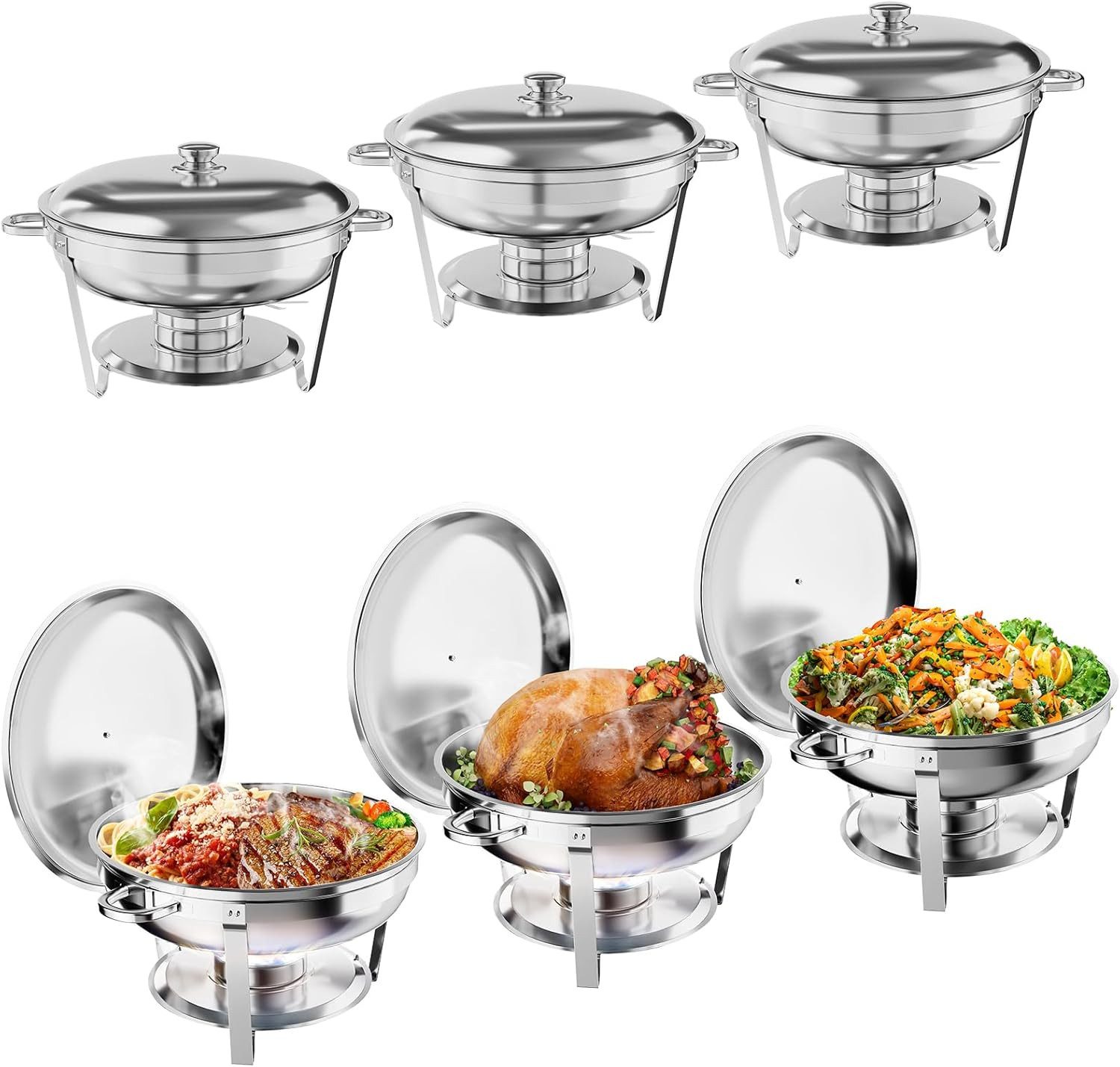 GarveeMore Speisenwärmer 5L runde Edelstahl-Chafing-Dishes und Warmhaltebehälter, (6-tlg), mit Deckel,Deckelhalter,Löffel,Pinzette für Catering,Partys,Abendessen