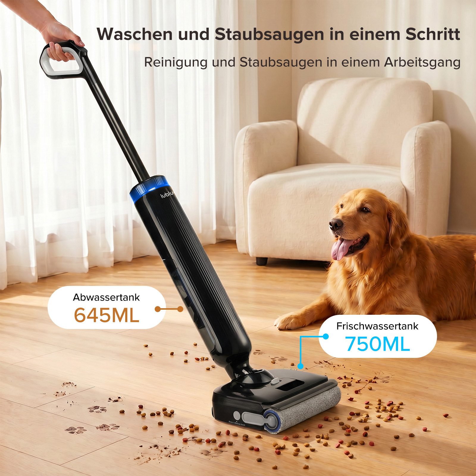 lubluelu Nass-Trocken-Akkusauger T9 Selbstreinigung 180° Lay-Flat Nasssauger Saugwischer 21.000 Pa, 200 W, beutellos, Doppelseitige Kantenreinigung,Doppelte Wassertanks