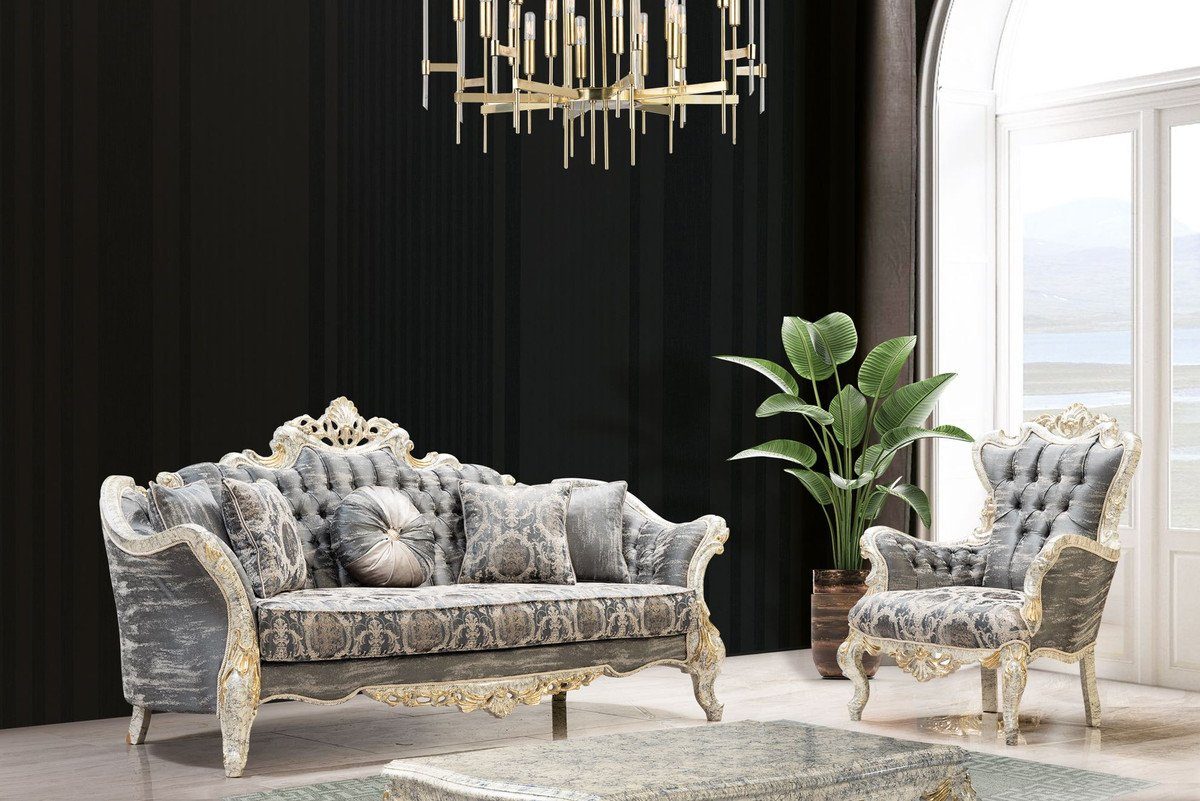 Barock - - Gold Antik Barockstil / Barock elegantem Prunkvoller im Wohnzimmer Luxus Casa Barock Sessel Sessel mit Wohnzimmer - / Möbel Casa Sessel Luxus Padrino Padrino Grau Muster - Möbel Weiß Einrichtung