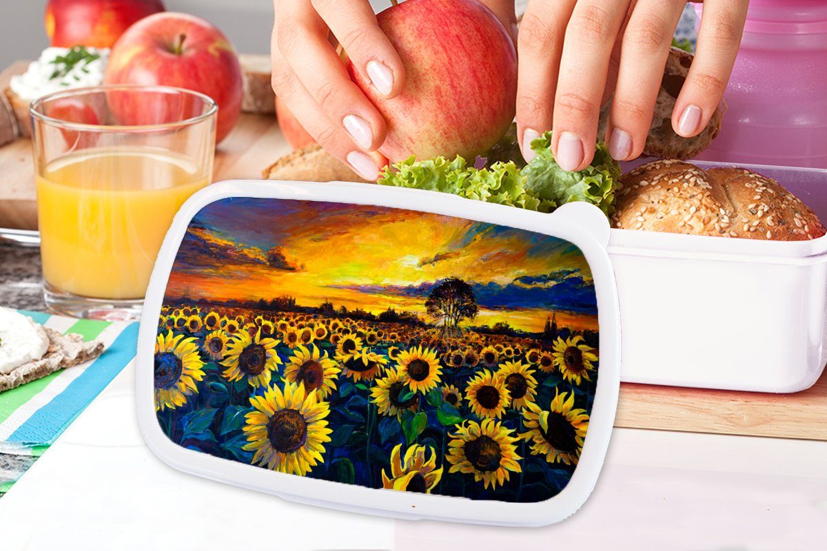 MuchoWow Lunchbox Sonnenblume, für für Kunststoff, - - Brotdose, und und Blumen - Jungs Mädchen Ölfarbe Gemälde Kinder Brotbox (2-tlg), weiß Erwachsene
