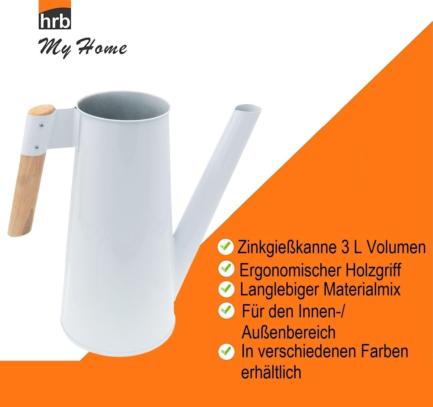 hrb Gießkanne Zinkgießkanne 3 L, feuerverzinkt,langlebige Metallgießkanne Kanne, ergonomischer Buchenholzgriff, verzinkter Metallstahl, lackiert – Bild 4 von 5