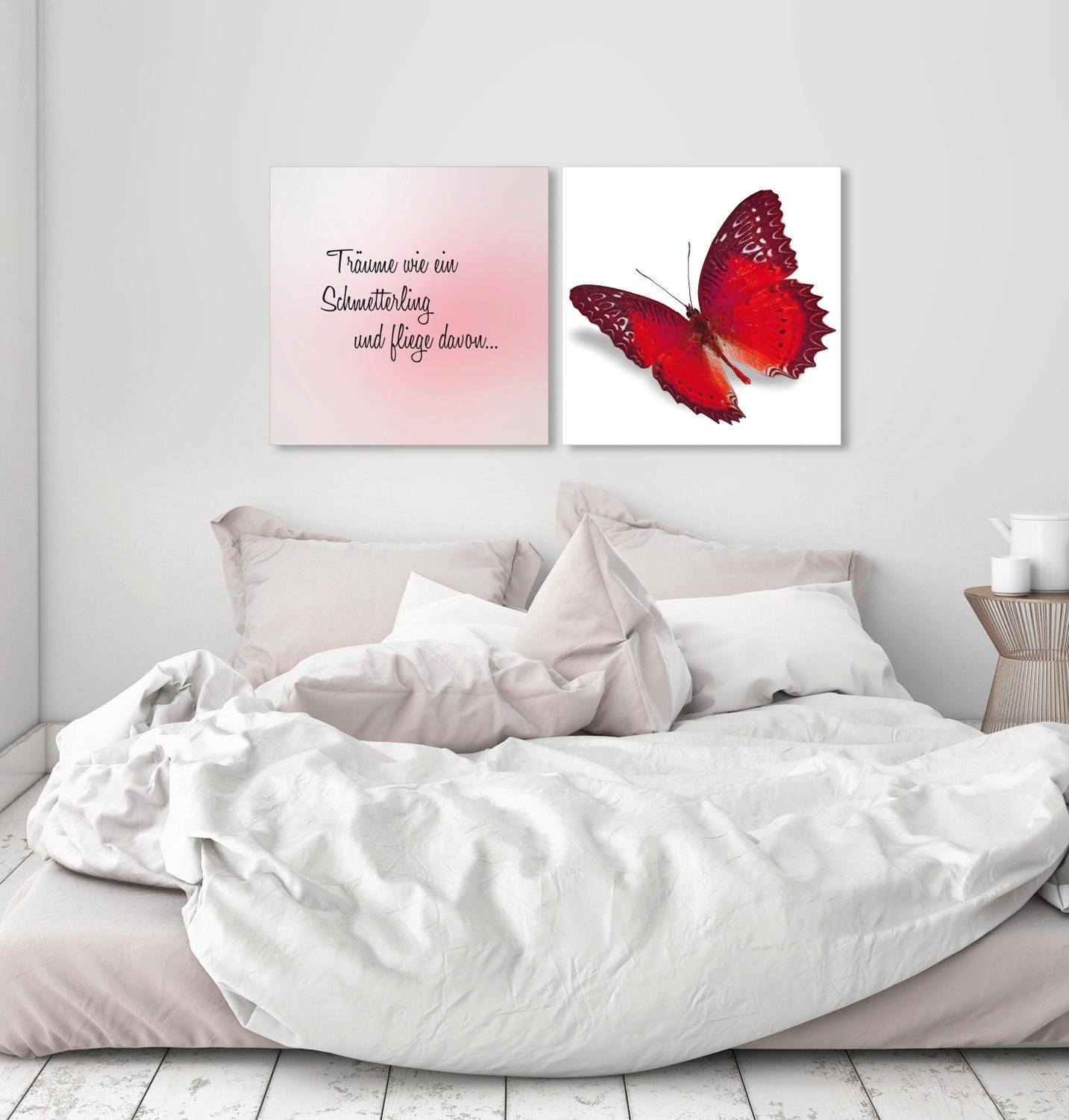 queence Leinwandbild flieg davon, Kunst, Modern, Schmetterlinge, Schriftzug, Schriftzüge, Spa, Spa Bilder, Sprüche, Sprüche & Texte, Tiere (Set), Premium-Leinwandstoff, Handarbeit aus Deutschland, Spruch, 2er Set