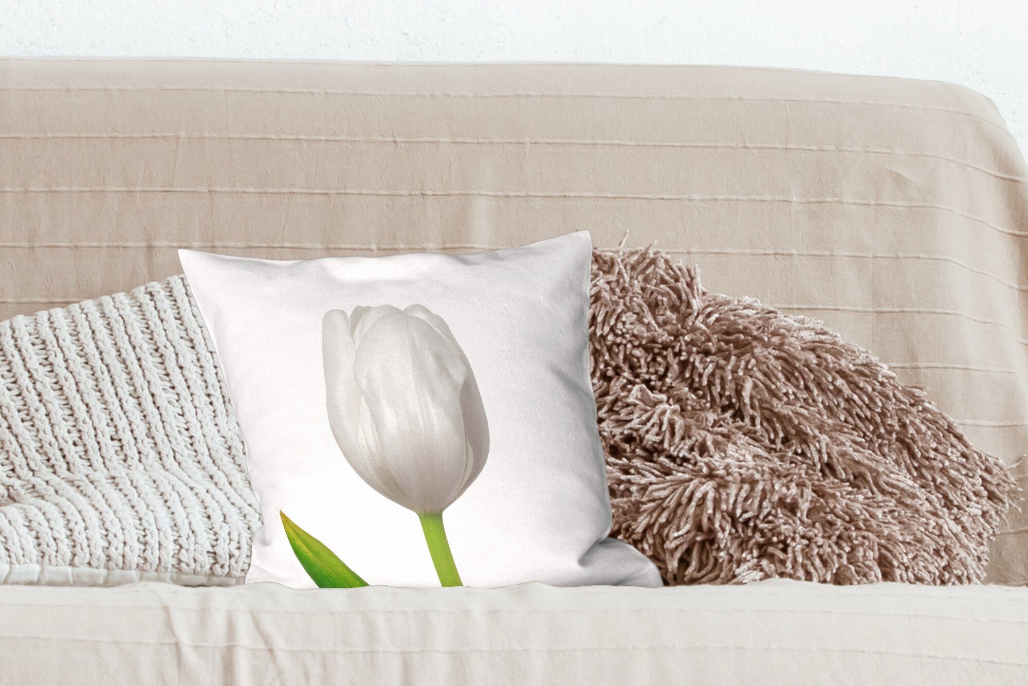 mit Schlafzimmer, Dekokissen Zierkissen für Blätter Füllung der weißen MuchoWow Tulpe, einer Deko, Wohzimmer, Nahaufnahme Sofakissen