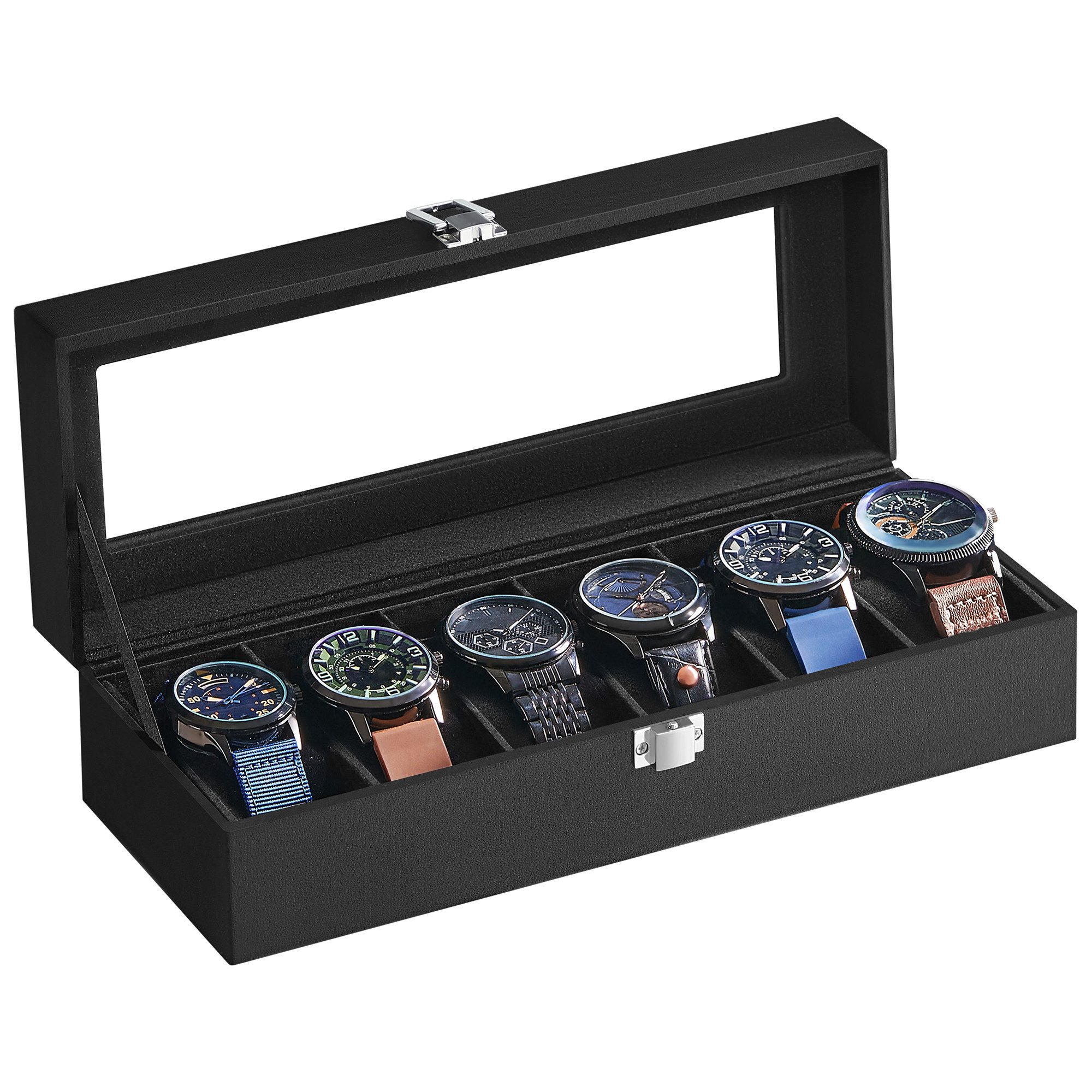 SONGMICS Uhrenbox 6 Fächern, Uhrenkasten, herausnehmbare Uhrenkissen, 11,2 x 30 x 8 cm, Glasdeckel, Geschenkidee, PU-Bezug, Samtfutter