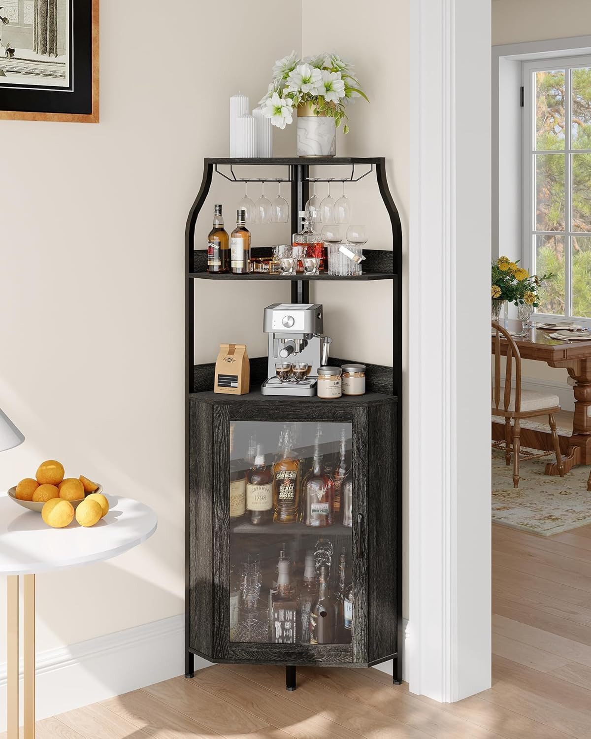 GarveeMore Eckschrank 5-stufiges mit Steckdose,Weinschrank mit LED-Streifen&Gläserhalterung Bar-Möbel für Spirituosen (Heimgebrauch & kleine Räume)
