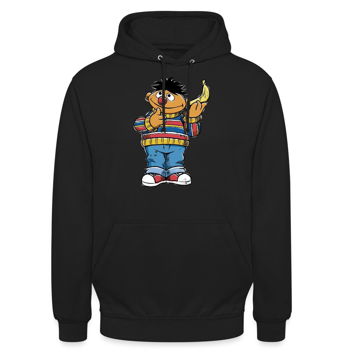 Spreadshirt Hoodie Sesamstraße Ernie Mit Banane Pose Lustig Used Look Unisex Hoodie (1-tlg) Unisex-Schnitt: Sitzt bei Männern körpernah, bei Frauen weit