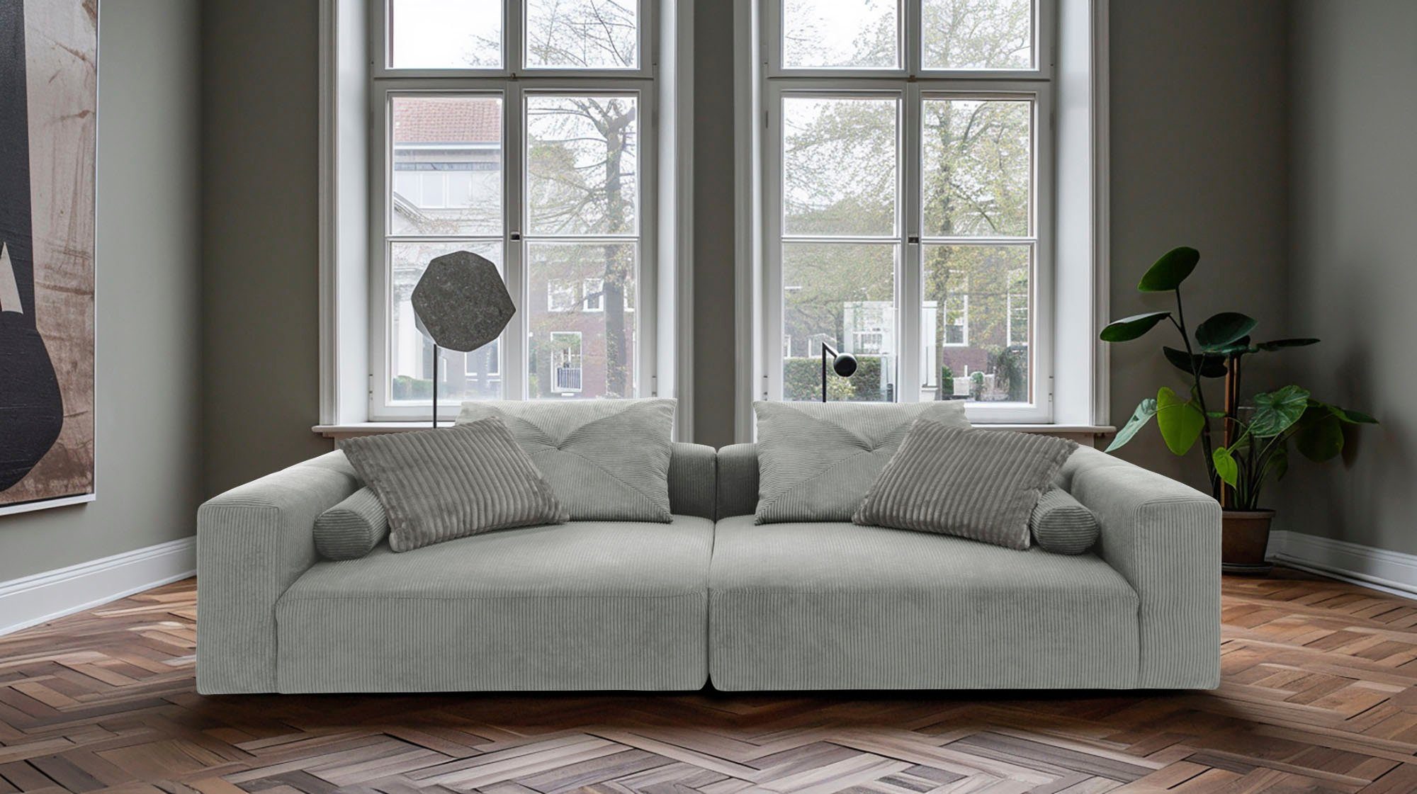Home affaire Big-Sofa Suyana mit Federkern, B/T/H: 304/135/69 cm, Zierkissen + Kissenrollen, grosszügiges, gemütliches Megasofa, viel Platz zum Relaxen, Cord-Bezug