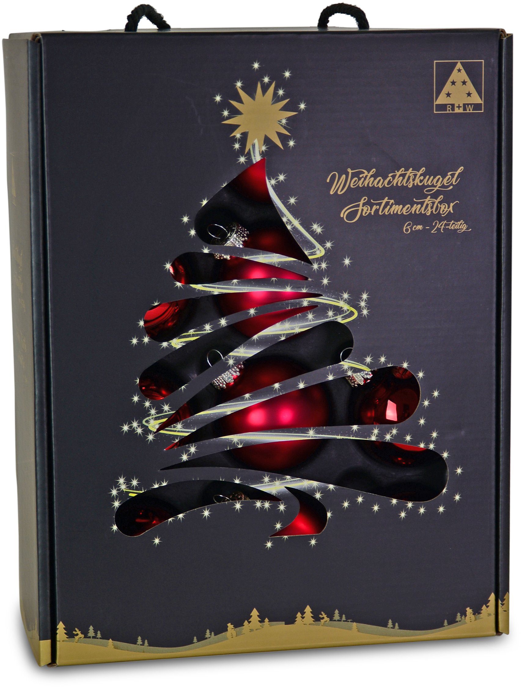RIFFELMACHER & WEINBERGER Weihnachtsbaumkugel Weihnachtsdeko (24 Christbaumschmuck, Aufbewahrungsbox mit Christbaumkugeln Dunkelrot ca. Glas, cm, rot, Ø 6 praktischer aus St), Glas
