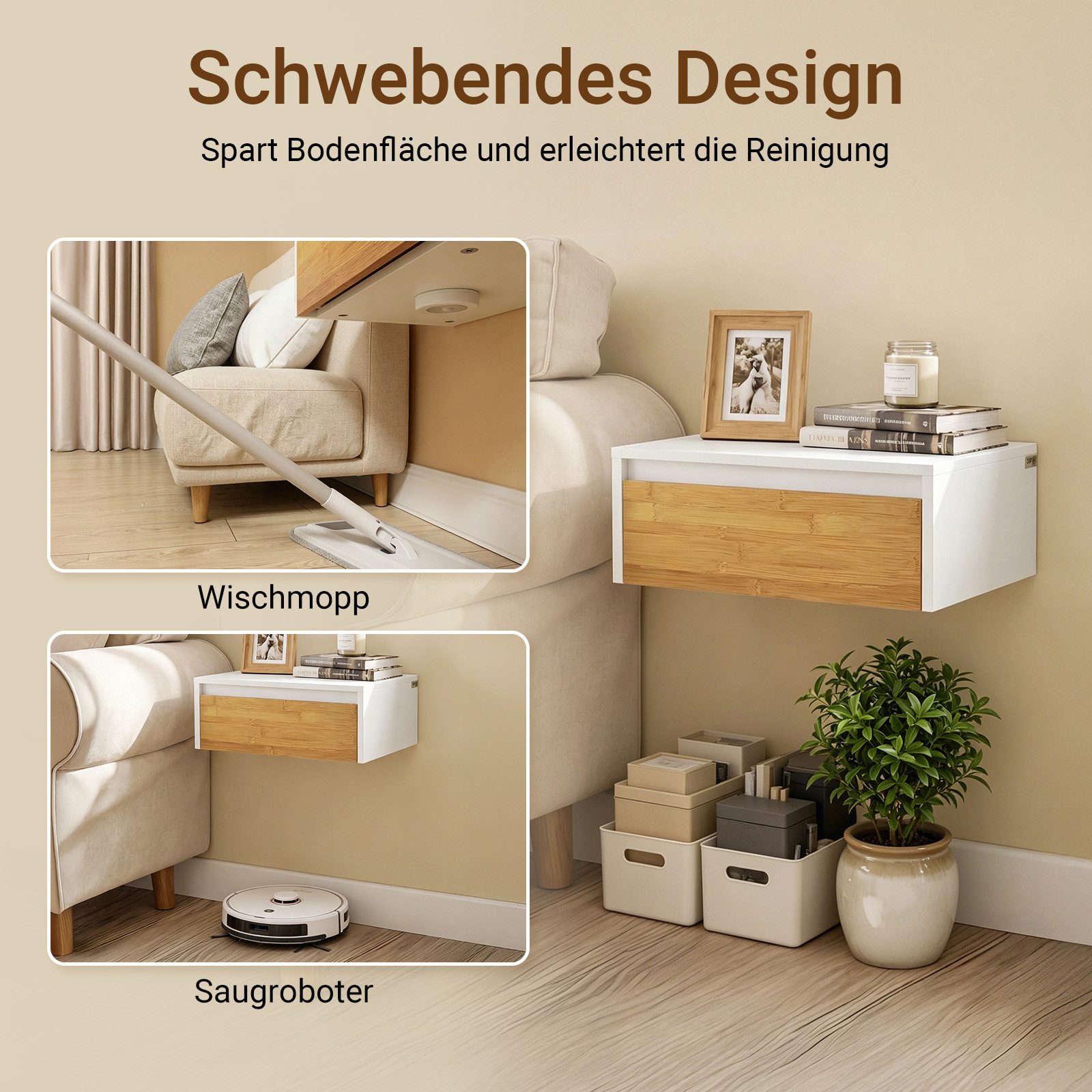 SoBuy Wandregal FBT175, Nachttisch Nachtschrank hängend, Wandschrank Bettablage, Wandschrank mit Bewegungssensor Licht, mit Schublade, Schlafzimmer – Bild 5 von 5