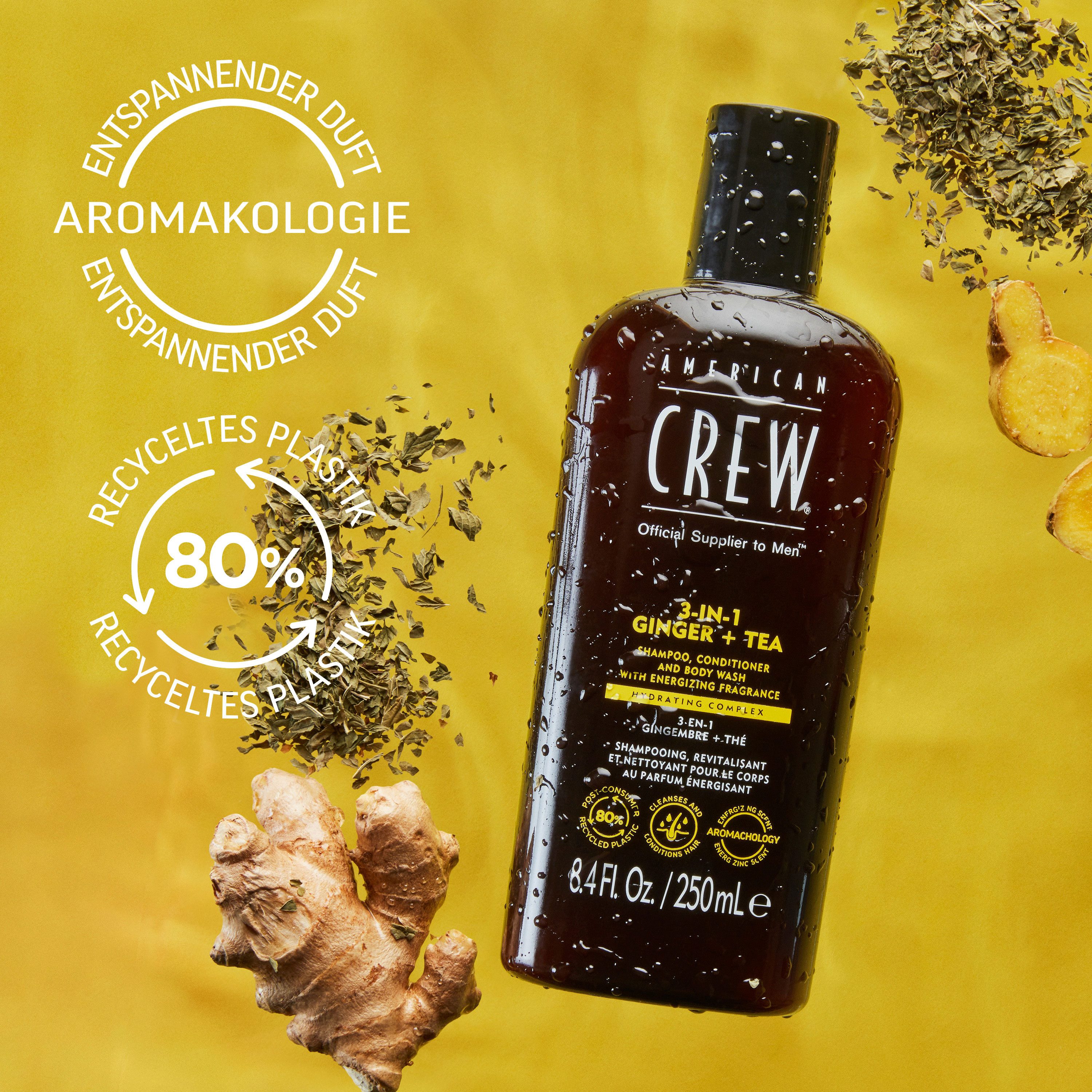 American Crew Haarshampoo 3In1 Ginger & Tea Shampoo, Conditioner & Body Wash 450 ml, 1-tlg., Für Herren aller Haartypen, spendet Feuchtigkeit, beruhigt Kopfhaut.