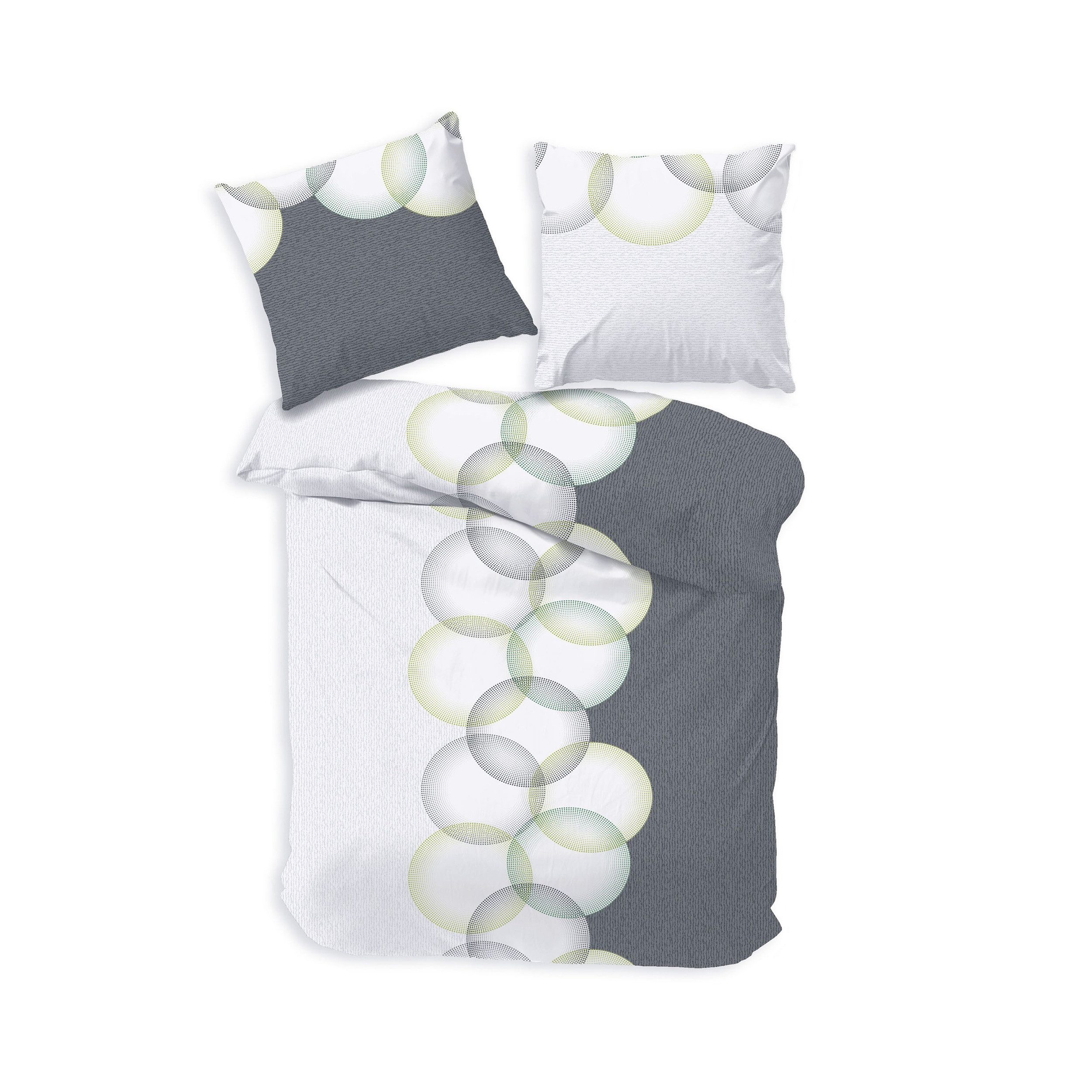 DOBNIG Bettwäsche Flanell, Flanell, 2 teilig, grüne Kreise auf grau, weißem Hintergrund
