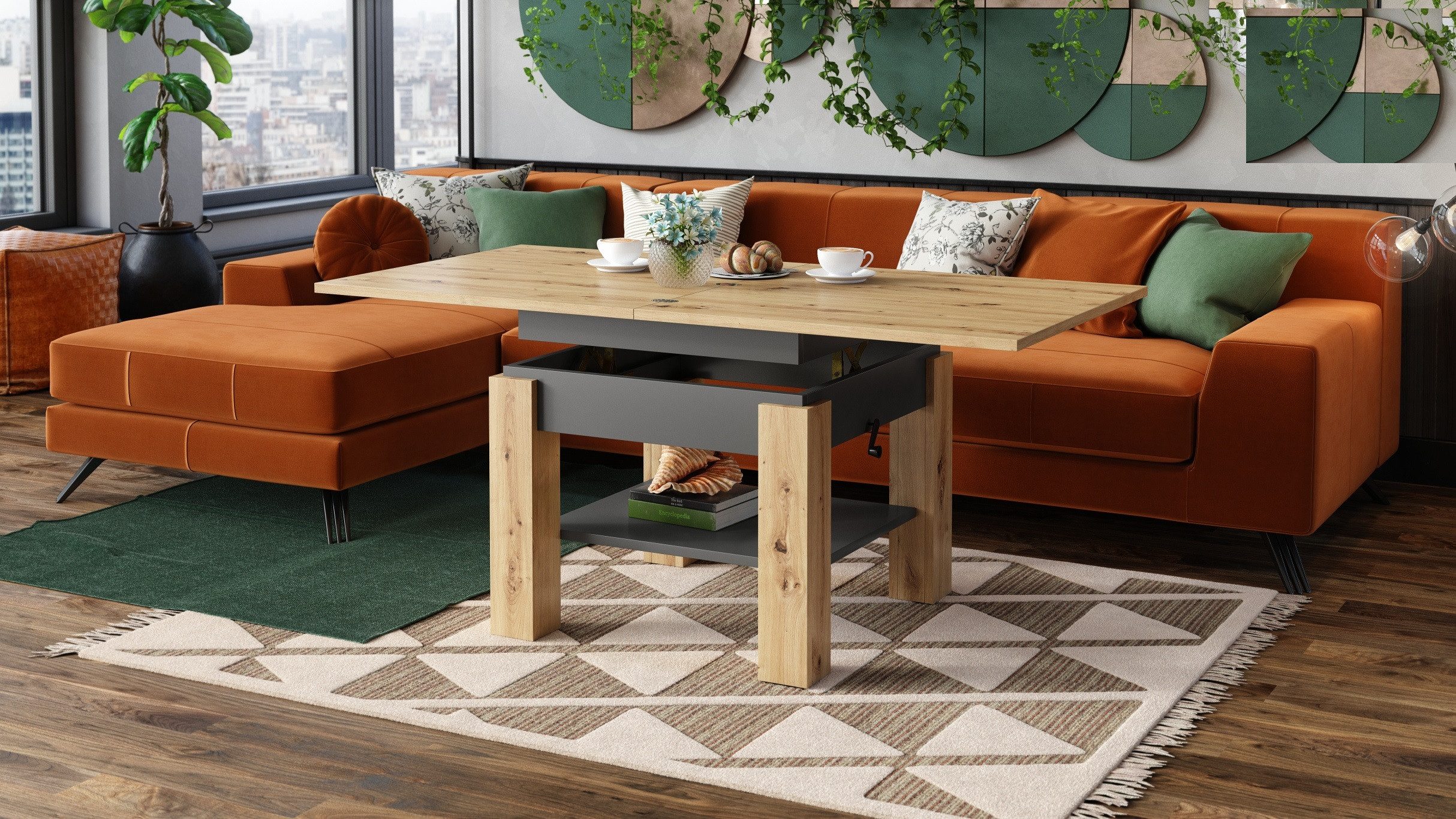 designimpex Couchtisch Design Cleo stufenlos höhenverstellbar aufklappbar Esstisch