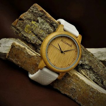 Holzwerk Quarzuhr CELLE Damen & Herren Holz Uhr mit Silkon Armband in weiß & beige