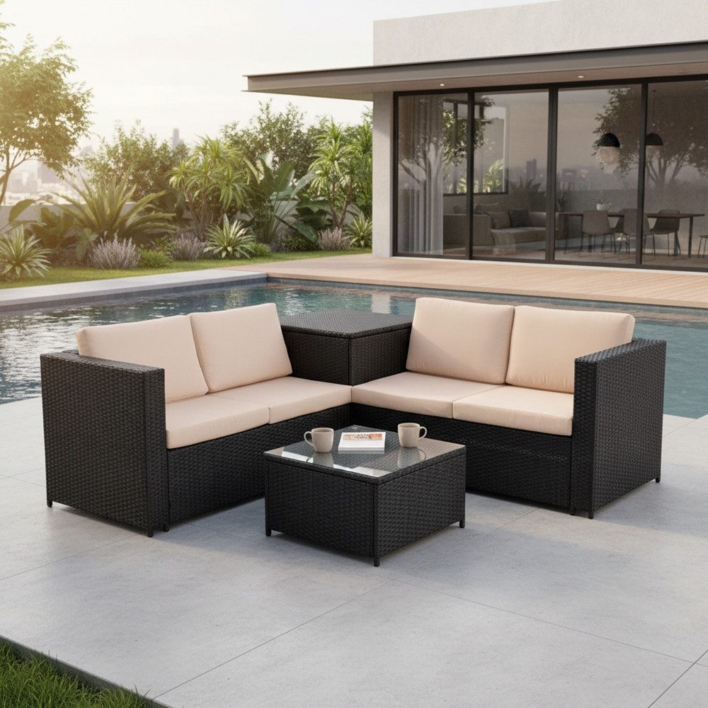 Melko Gartenlounge-Set Rattanlounge + Tisch und Kissenbox Garten Sofa Lounge Gartenmöbel, (Set), Sicherheitsglasplatte