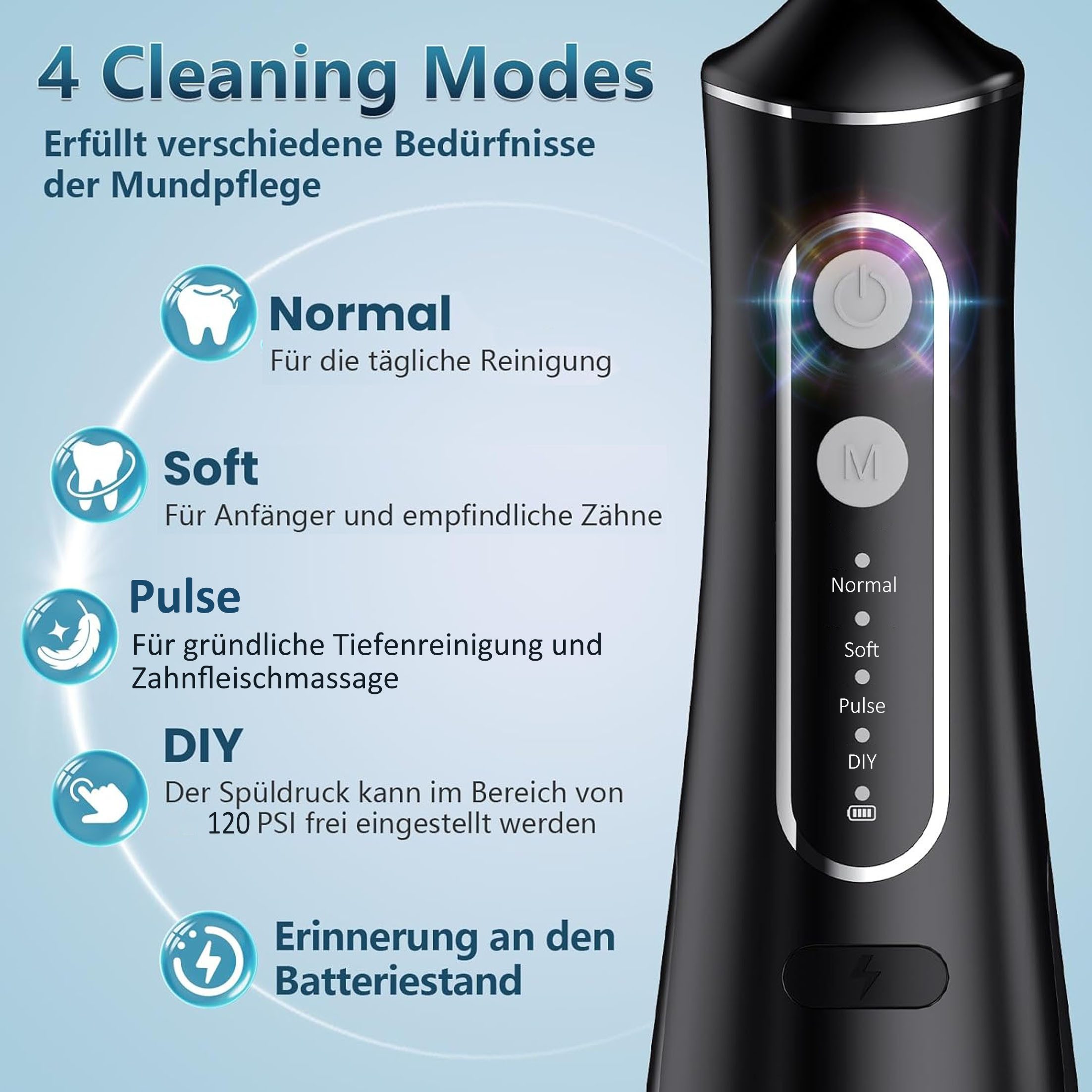 KINSI Munddusche Zahnzwischenraum-Reiniger, 320-ml-Wassertank, 4 Reinigungsmodi, Aufsätze: 4 St., 3 Standardaufsätzen, 1 Zungenreiniger, für Reise & Zuhause