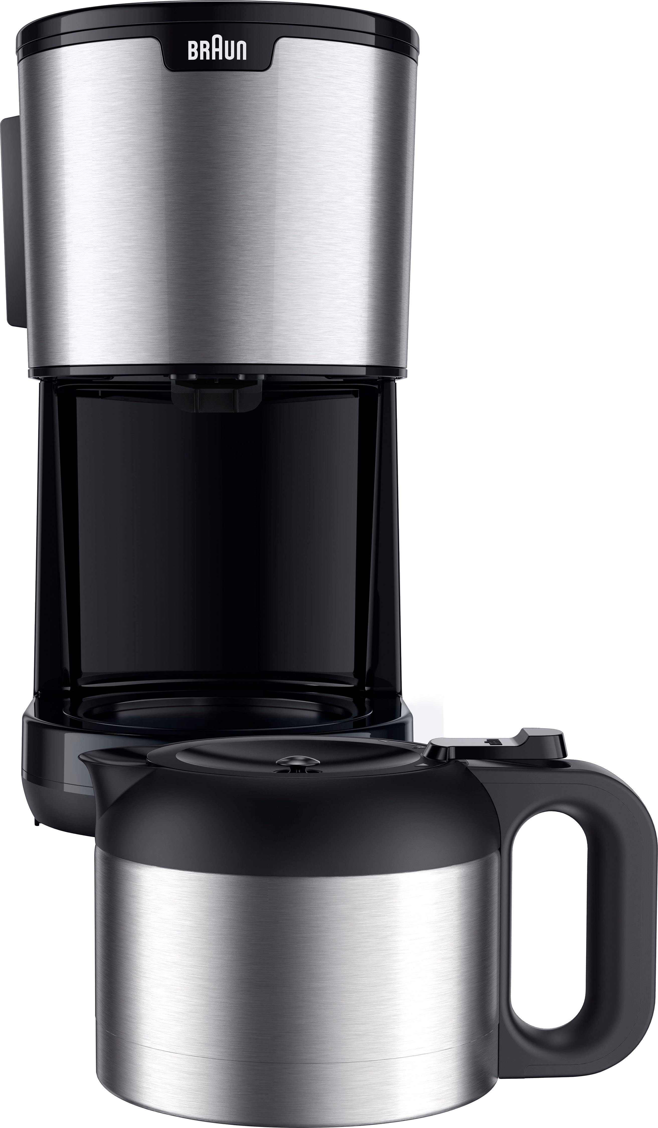 Braun Filterkaffeemaschine PurShine KF1505 BK, 1,2l Kaffeekanne, Papierfilter, 1000W, automatische Abschaltung, herausnehmbarer Filterkorb, Edelstahl