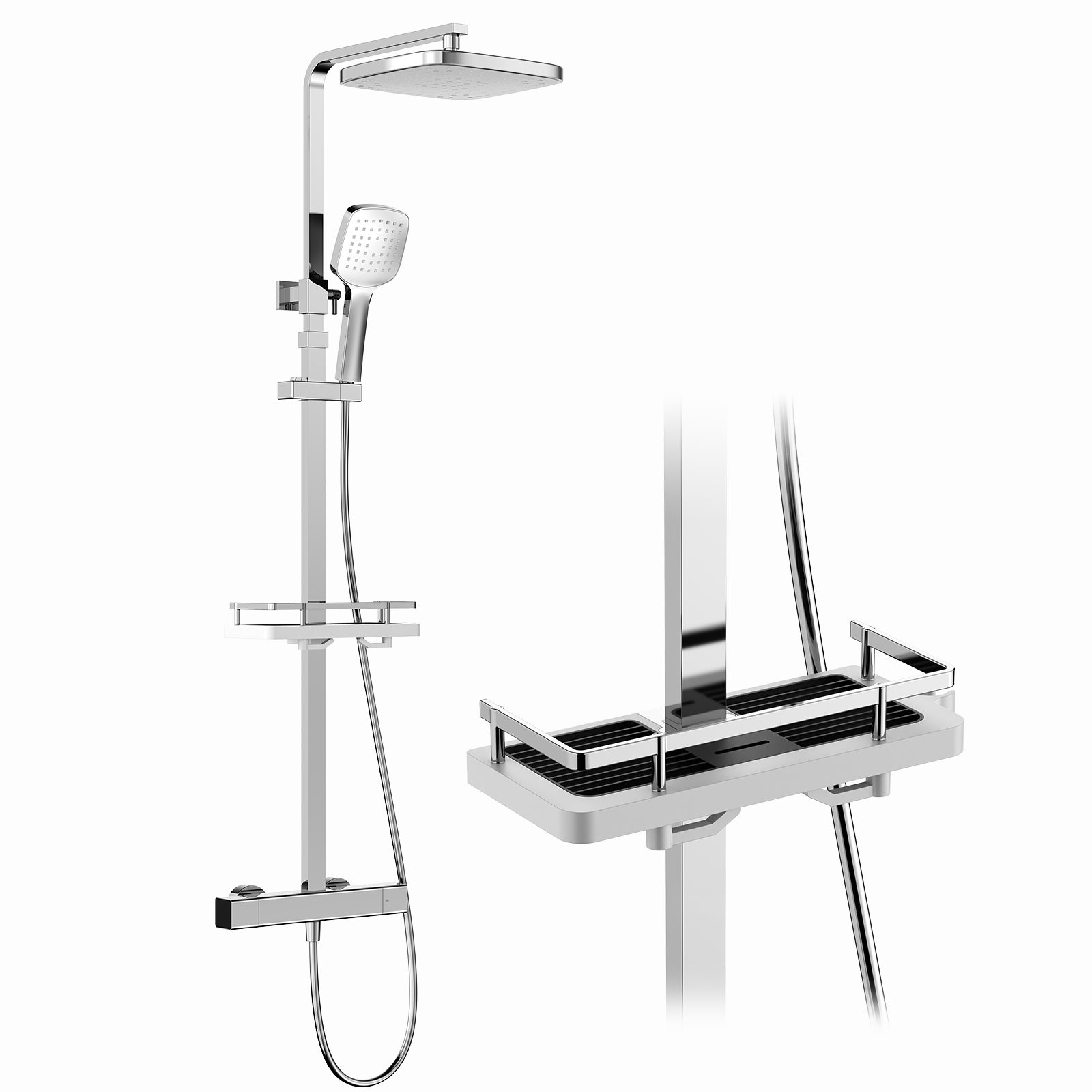 HOMELODY Duschsystem mit Thermostat & Duschablage verchromt - Duscharmatur Komplettset, 2 Strahlart(en), Hand- & Kopfbrause, höhenverstellbar, 38 °C Sicherheitssperre