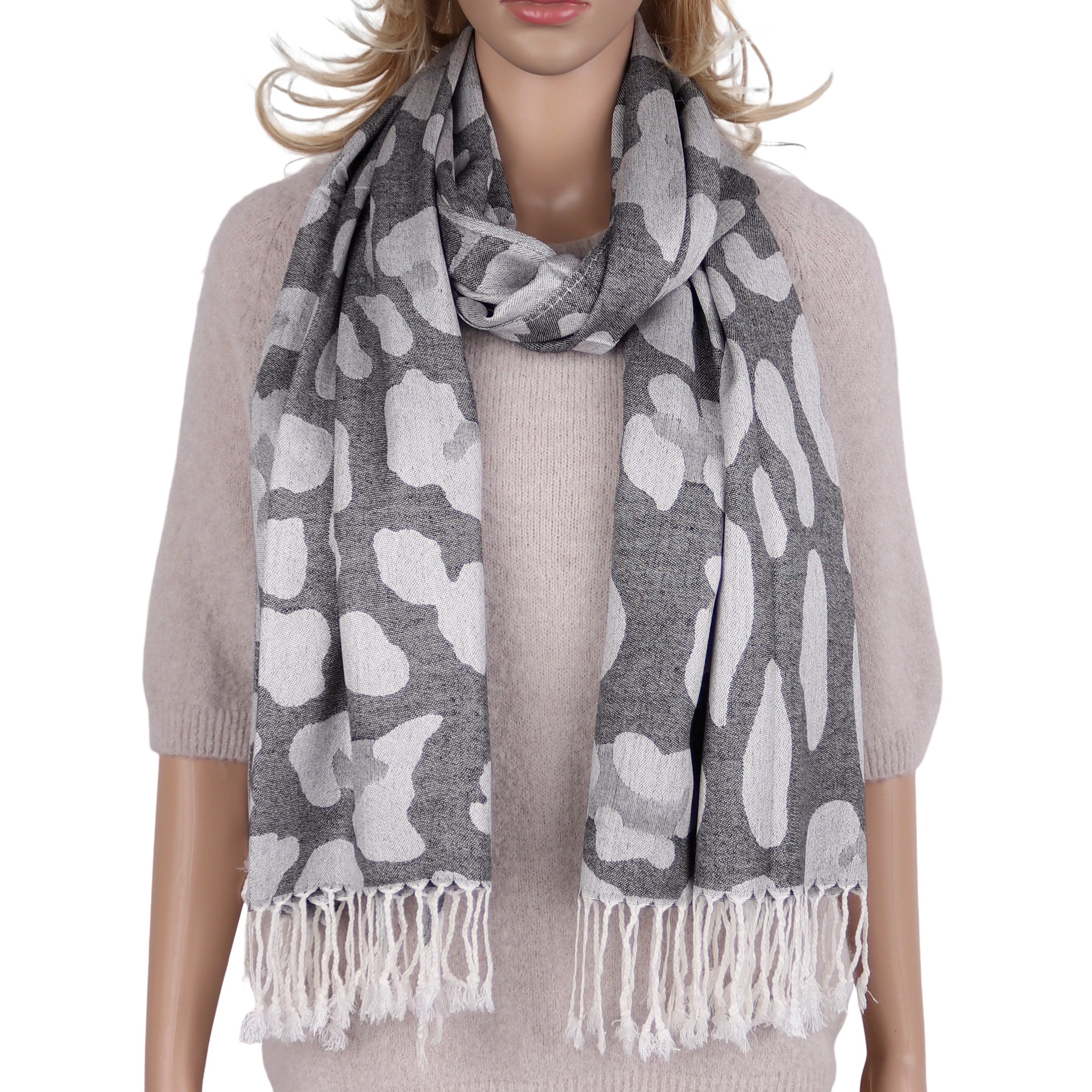 Modeschal weicher Schal Leo Muster mit Fransen, 70x180cm