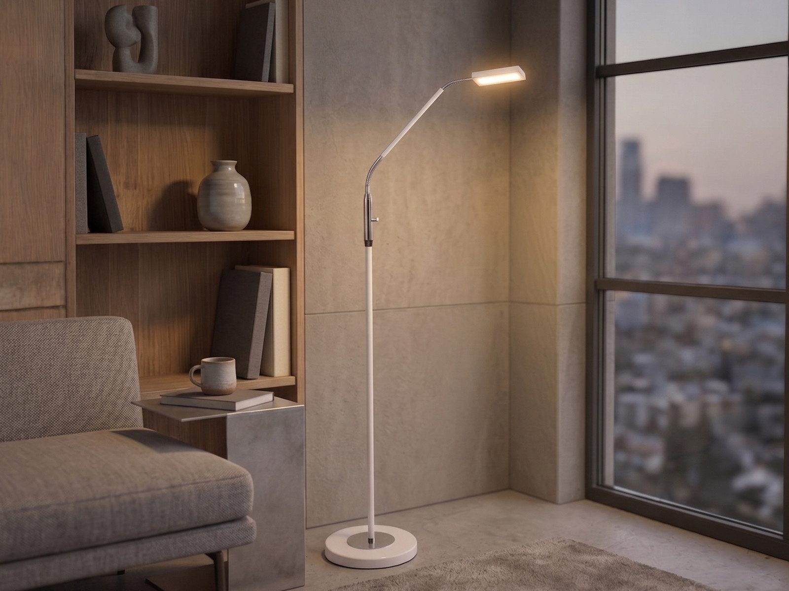 Reality Leuchten LED Stehlampe Leselampe Metall Weiß & Chrom, Ø 23cm, Dimmfunktion, LED fest integriert, Warmweiß, kleine Schwanenhalslampe dimmbar Weiß & Chrom