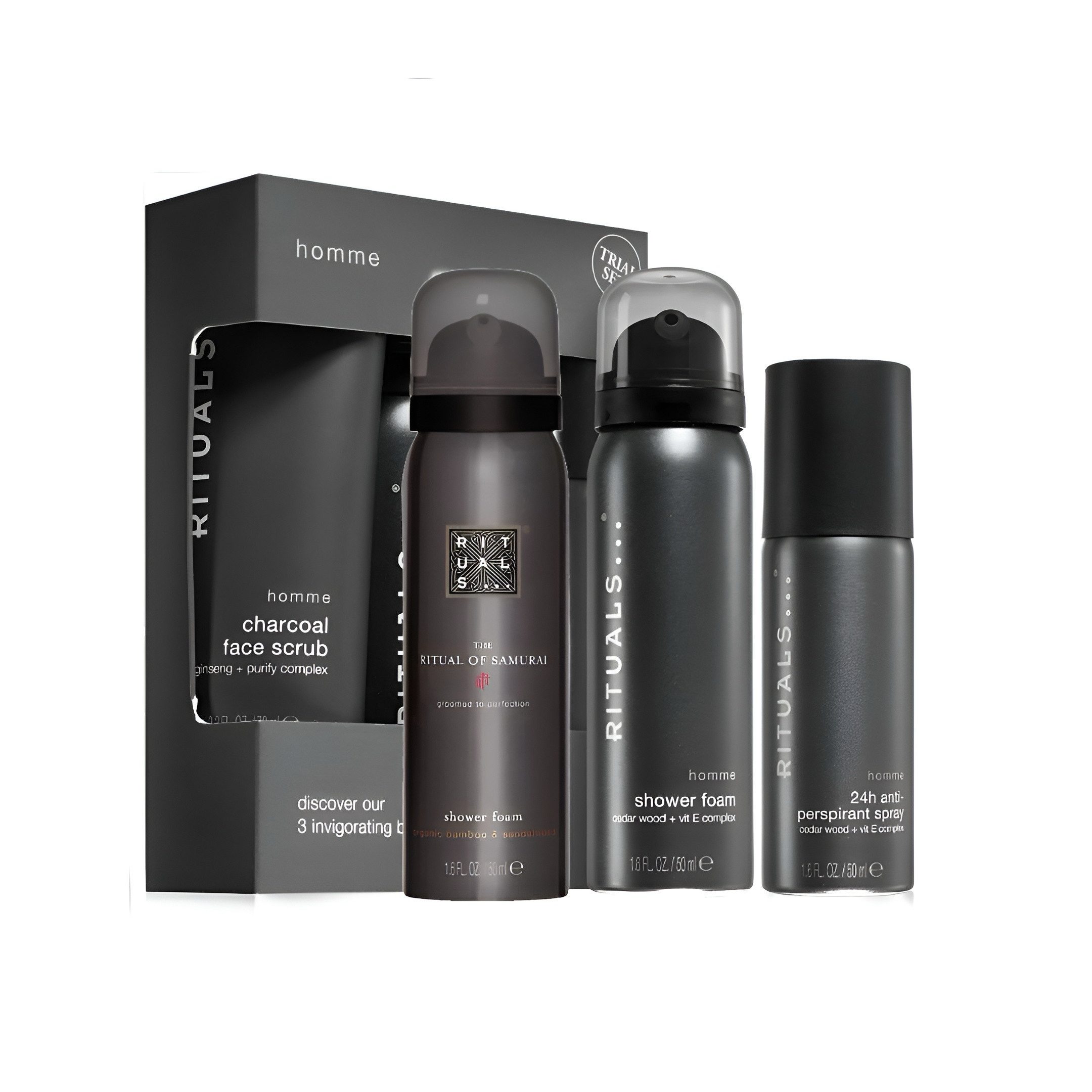 RITUALS Pflege-Geschenkset Homme Collection Samurai Luxus Hautpflege für Männer Duschschaum Probe-Geschenkset, 3-tlg., Antitranspirant Spray, Pflege für alle Hauttypen, Geschenkset mehr