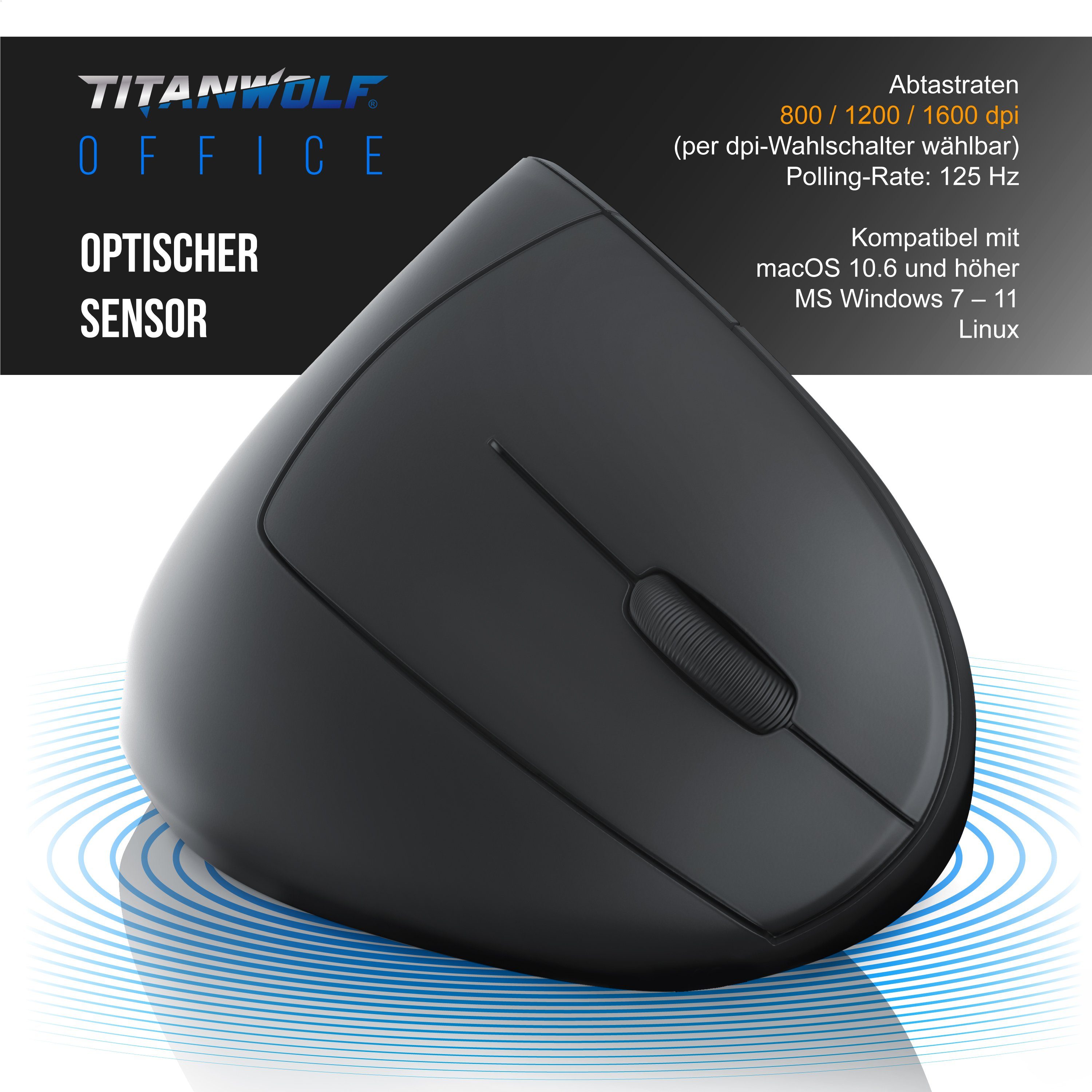 Titanwolf ergonomische Maus Ghz, 1600 dpi) kabellos, (Funk, Vertikal, optisch, Armschonend, 2,4