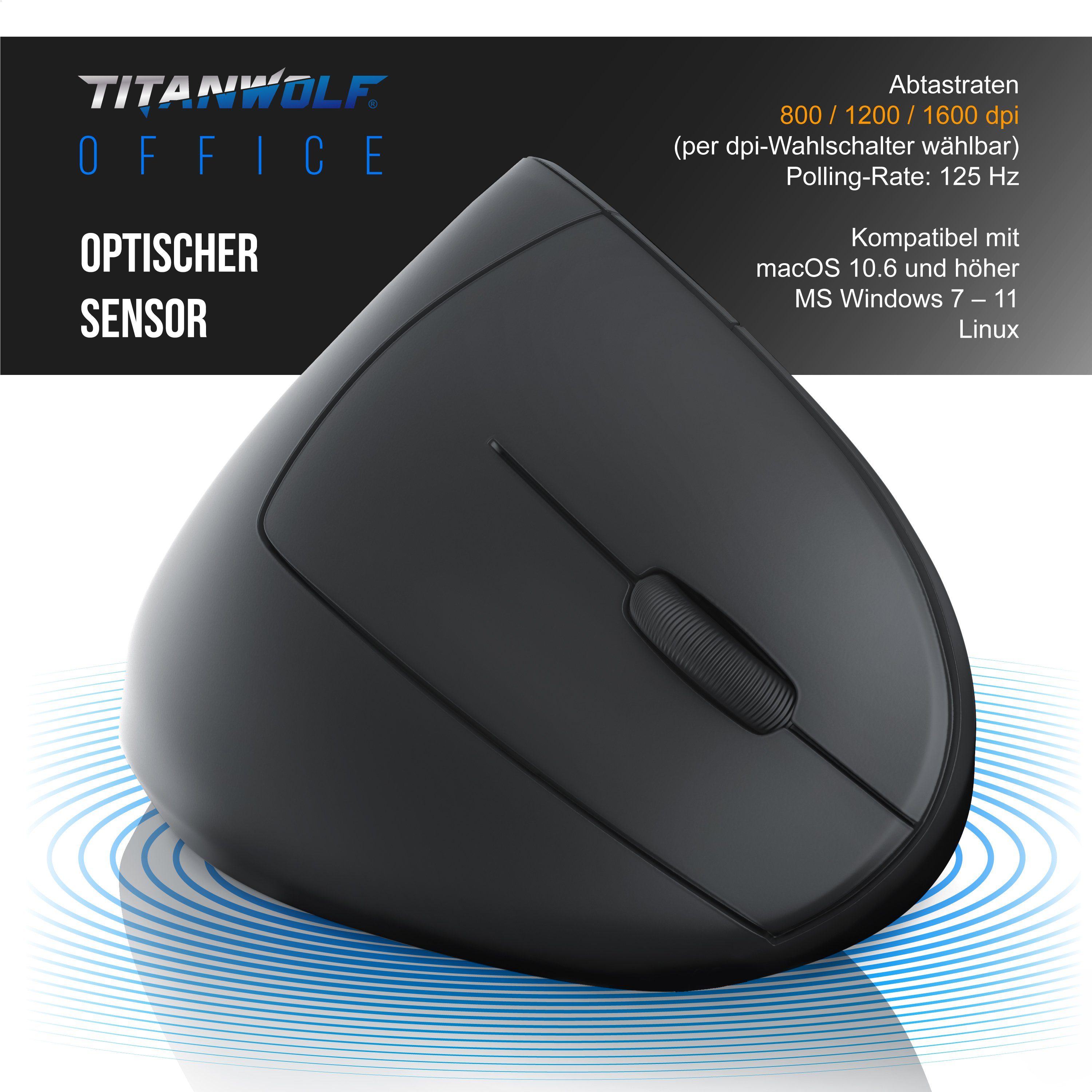 Titanwolf Vertikalmaus kabellos mit Funk 2,4 Ghz, Wireless Vertical Mouse ergonomische Maus (Funk, 1600 dpi, Vorbeugung gegen Mausarm, für PC Laptop Notebook un – Bild 5 von 5