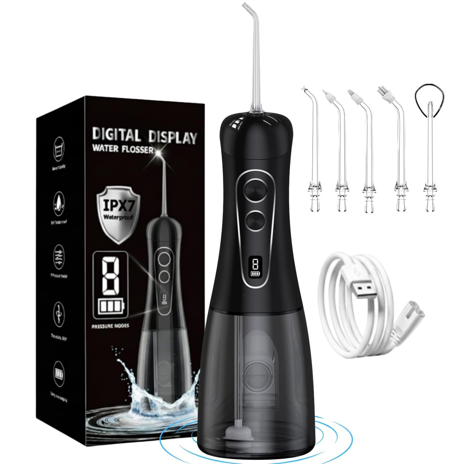 Tekoo Munddusche Kabellos 400ml Tank, 8 Modi & IPX7 Zahnreiniger Elektrisch, Aufsätze: 5 St., IPX7 Wasserdicht, 400ml Wassertank, 8 Druckstufen