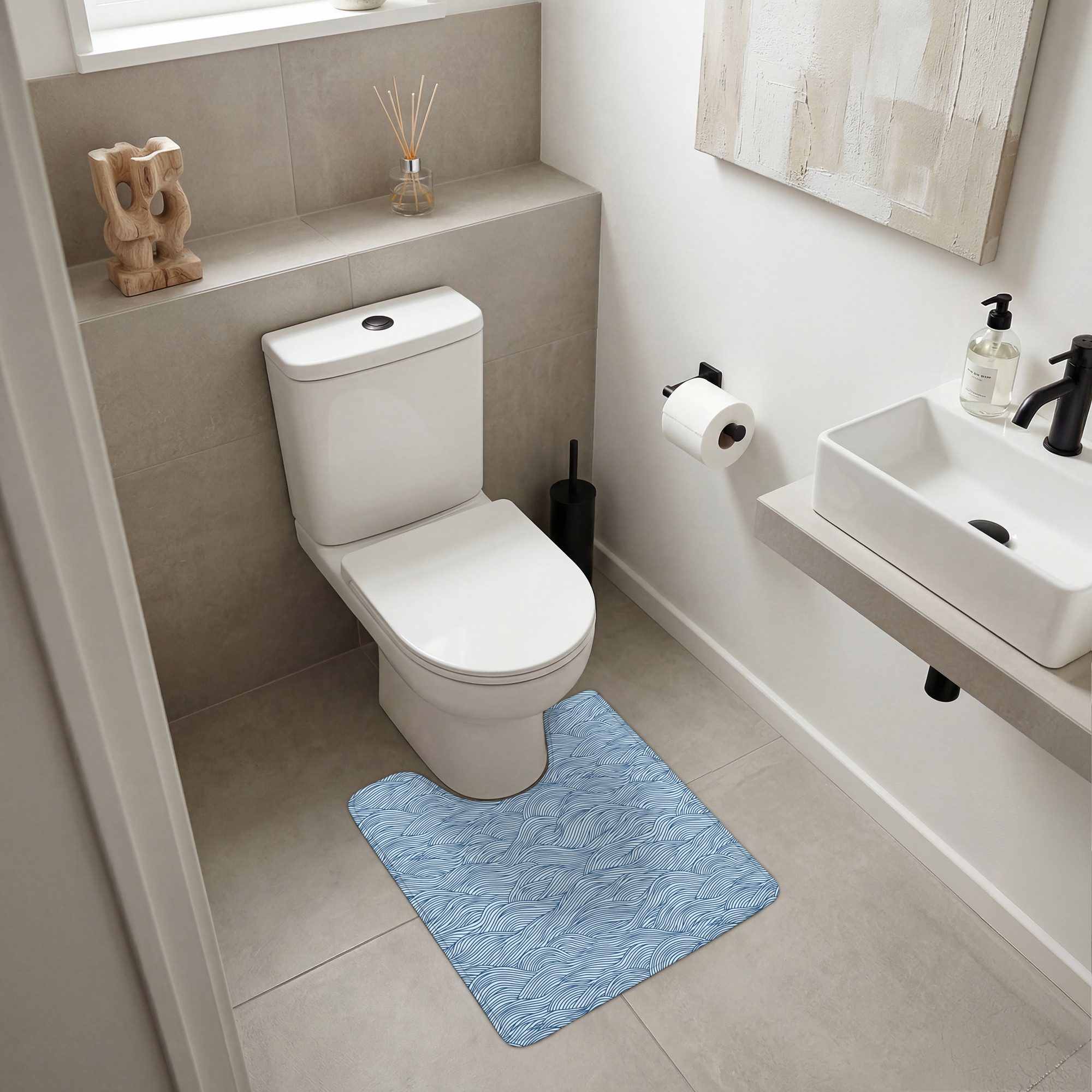 OnlyWow WC-Vorleger Wellen - Rhythmisch - Blau, Höhe 10 mm, Polyester, U-Form, Vorleger mit Ausschnitt, Toilettenvorleger, Toilettenteppich