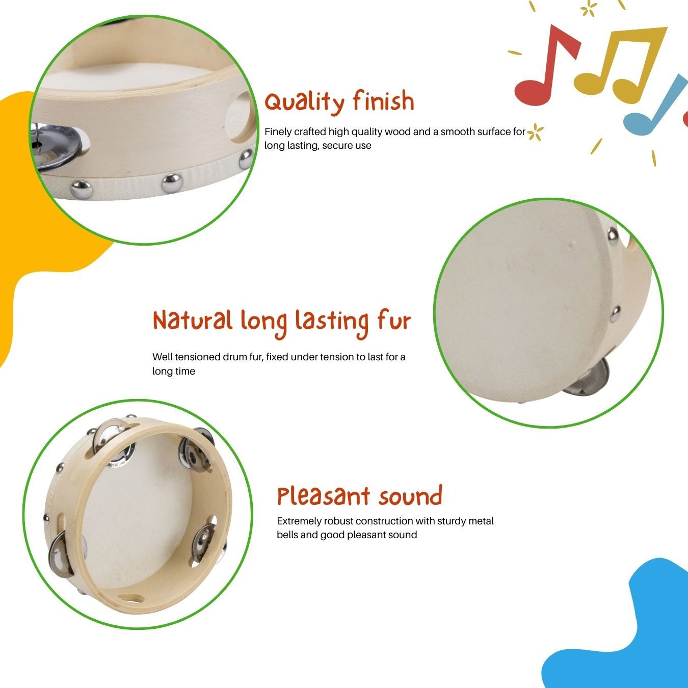 GICO Spielzeug-Musikinstrument Kinder Tamburin 15cm aus Holz mit 4 Schellen - 3832