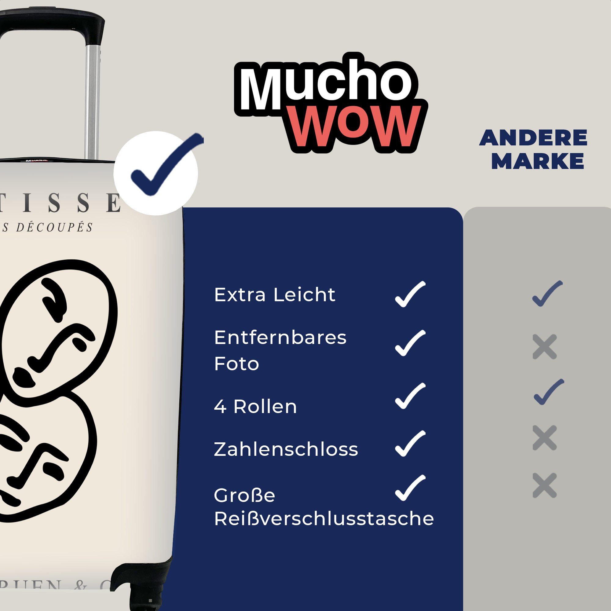 MuchoWow Handgepäckkoffer Rollen, Matisse 4 - Reisetasche Handgepäck - Porträt Trolley, für rollen, mit Gesicht - Schwarz, Ferien, Reisekoffer