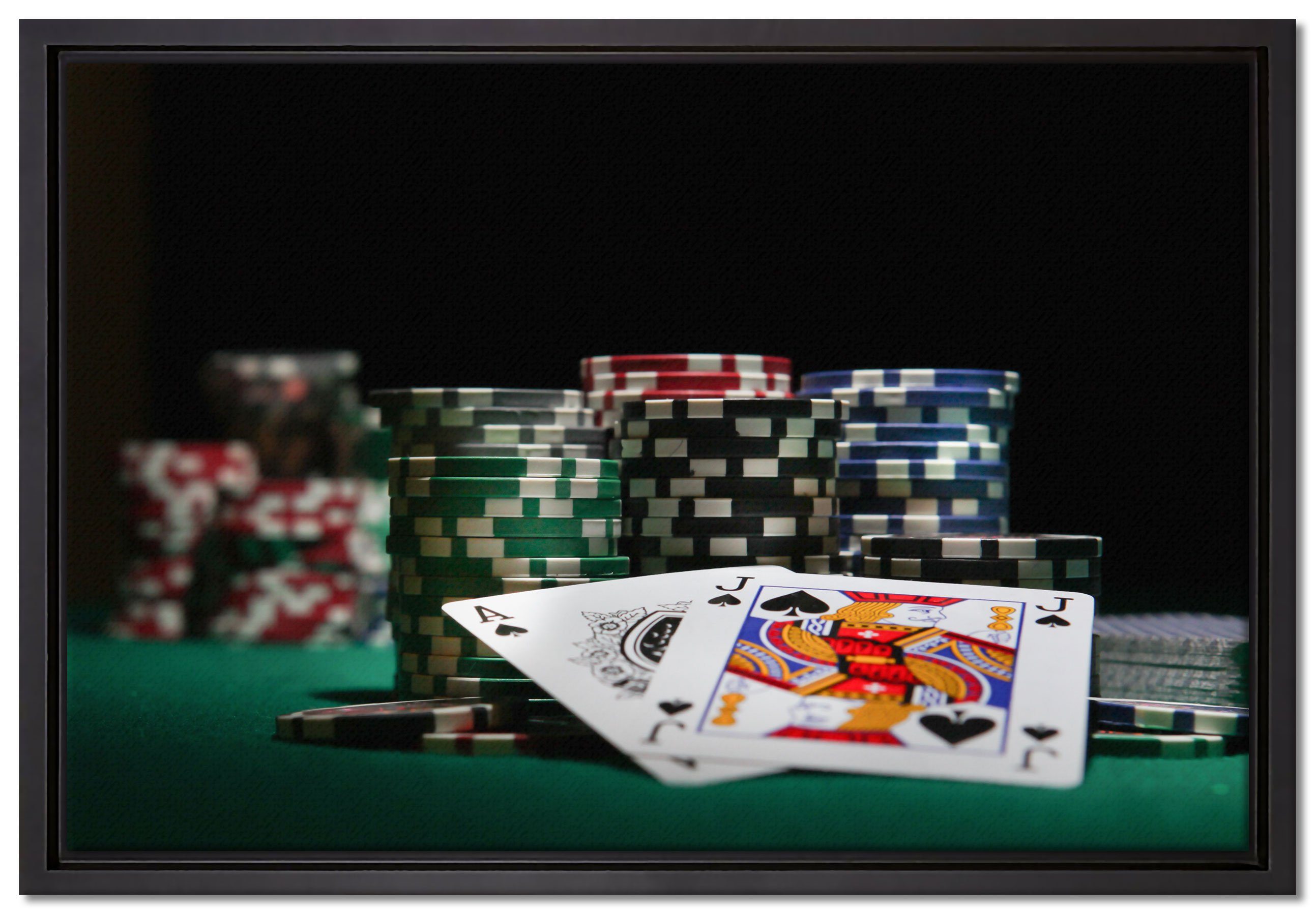 Pixxprint Leinwandbild Pokertisch Las Vegas, Wanddekoration (1 St), Leinwandbild fertig bespannt, in einem Schattenfugen-Bilderrahmen gefasst, inkl. Zackenaufhänger