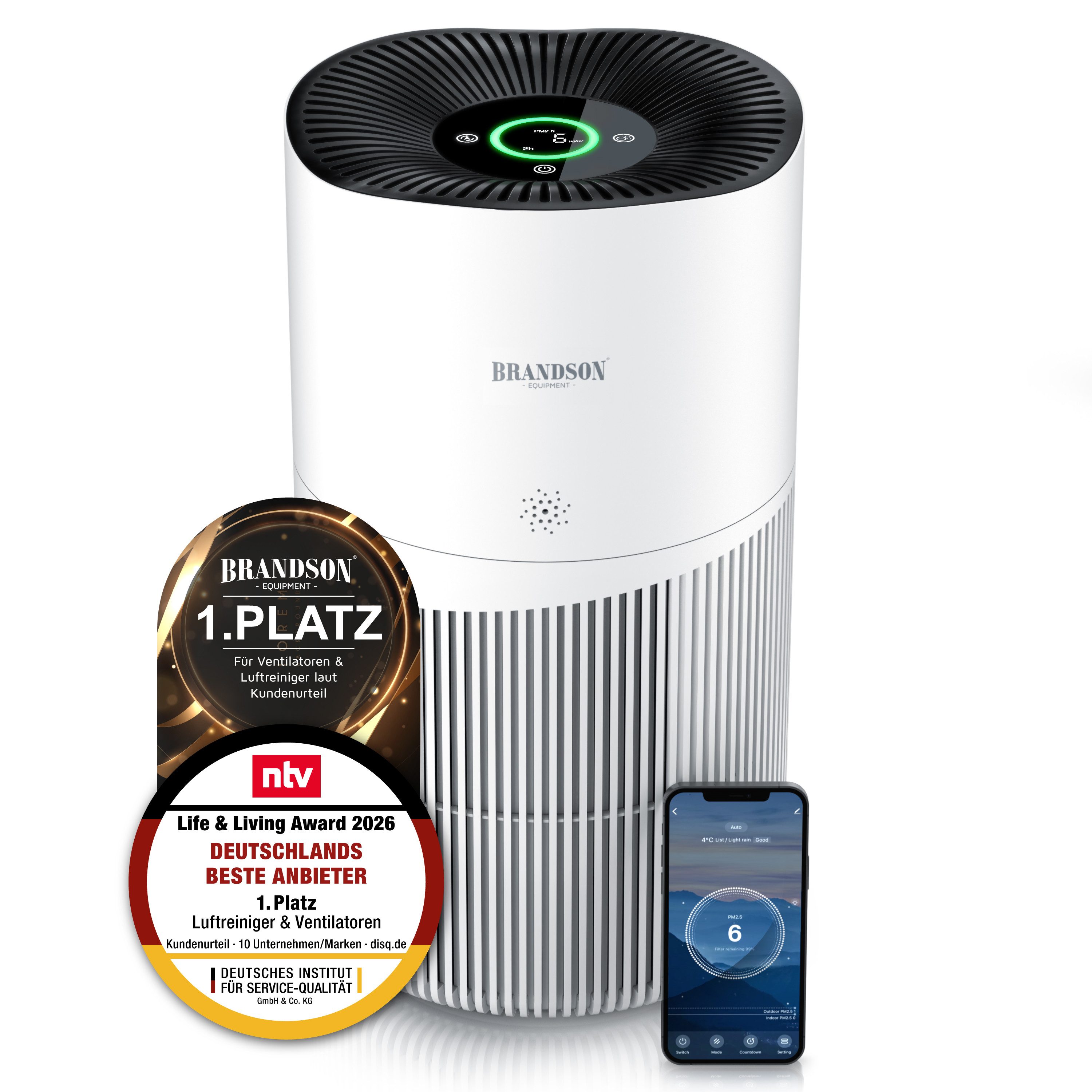 Brandson Luftreiniger für Allergiker, HEPA 13 + Aktivkohle, WLAN-App, 402 m³/h, 90 m², für 90 m² Räume, PM2,5-Anzeige, 4 Geschwindigkeiten, Timer und Kindersicherung