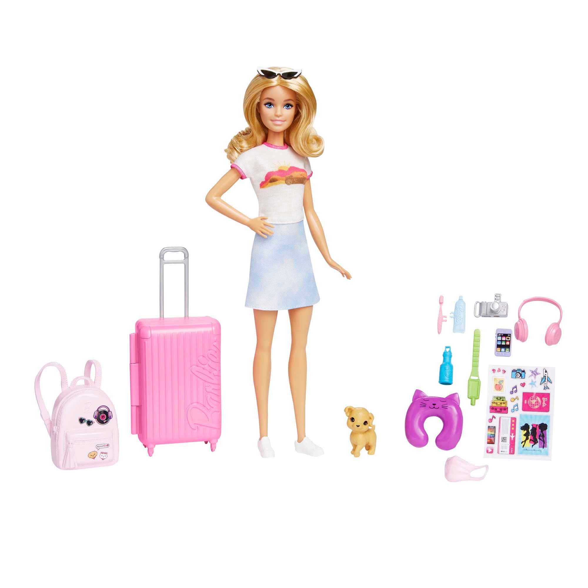 Barbie Anziehpuppe Malibu Reise-Puppe mit Hund und Koffer, Koffer und Rucksack lassen sich echt öffnen und schließen zum Ein- und